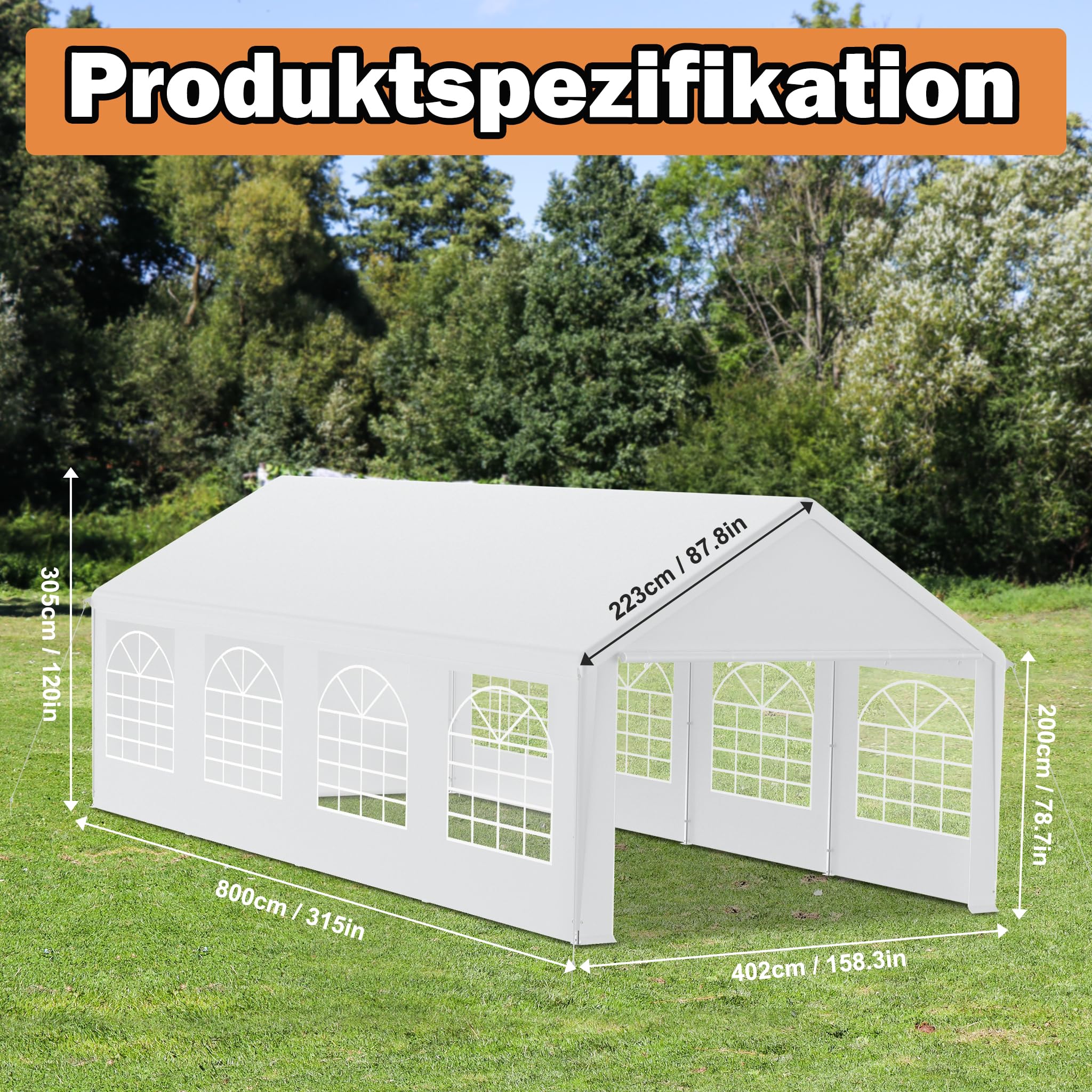 HENGMEI Tente de réception - 4 x 8 m - En métal - Avec panneaux latéraux - Imperméable - Pour fête, stand de marché, jardin, extérieur, camping - Blanc