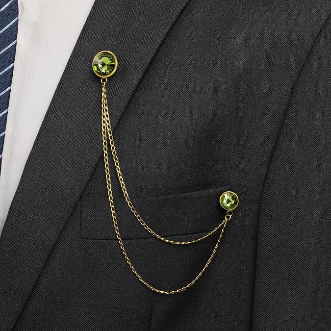 HAWSON Birthstone Brooch Pin for Men with Hanging Chain & Crystal, Mens Gold Tone Lapel Pin for Wedding/Birthday/Party Dress Suits Accessories
