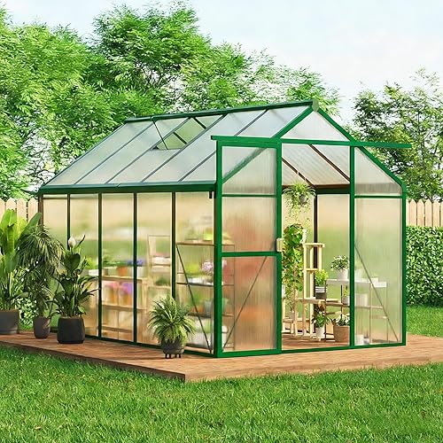 6X10 FT Greenhouse for Outdoors, Walk-in Greenhouse Kit with Aluminum Frame, Polycarbonate Panels, Adjustable Roof Vent, Sliding Door, Secure Lock for Outside Garden, Patio, Backyard
