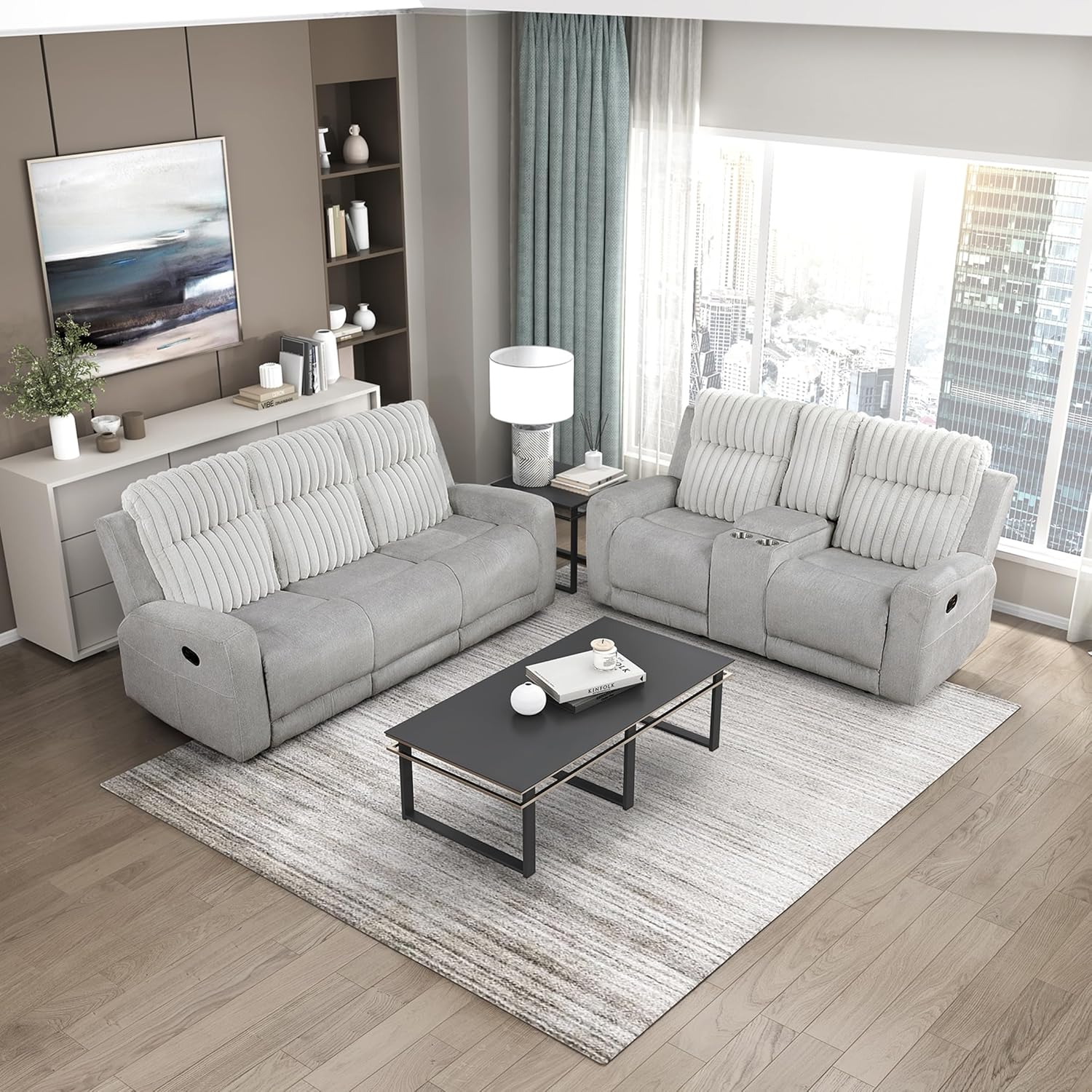 Lexicon Modern Living Room Furniture Sets, Manual Reclining Textured Microfiber Couch Set, Plush Corduroy Channel Seat Back, Include Double Reclining Sofa and Loveseat, 2 Pieces, Light Gray​