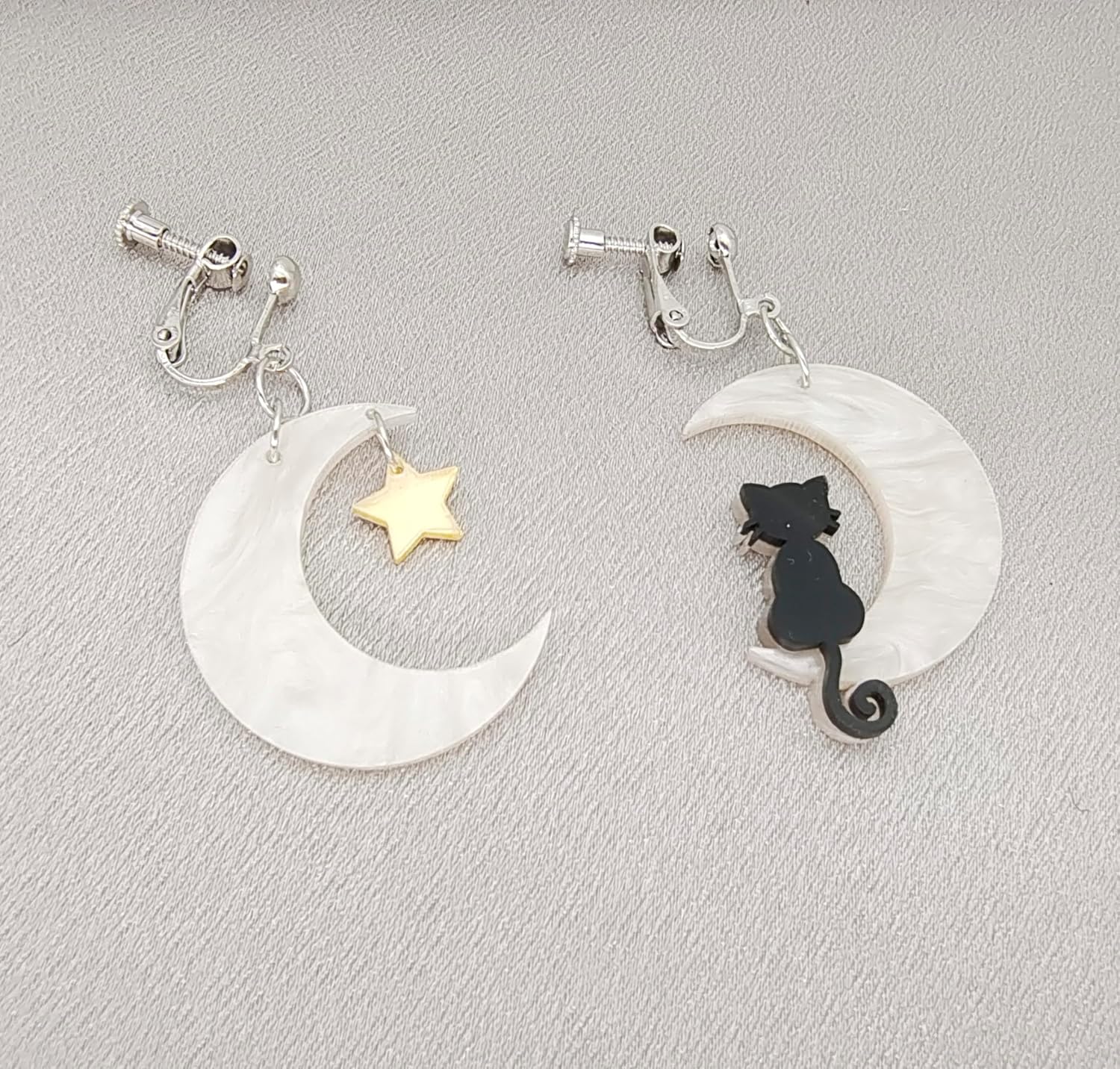 Black Cat Moon Star Clip on Earrings for Women and Girls Acrylic Halloween Earrings