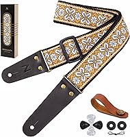 Vista 26 de Nefelibata Correa de guitarra, correas de guitarra de algodón bordadas con extremos de cuero de vaca para bajo, guitarras eléctricas y acústicas