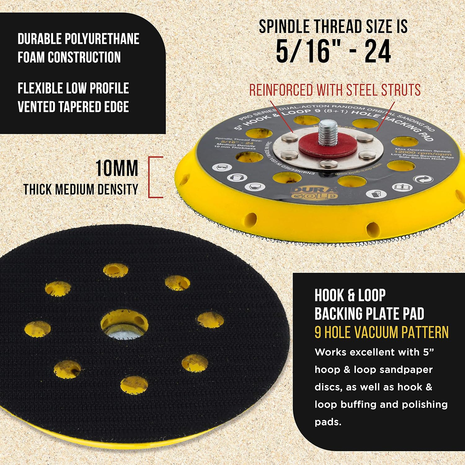Dura-Gold Pro Series 5" Hook & Loop DA Backing Plate Pad, 9 (8 + 1) Hole Pattern Dustless - Low Profile Vented Edge, Dual-Action Random Orbital Sanding Pad, Sander Polisher Auto Woodworking Sandpaper : Automotive