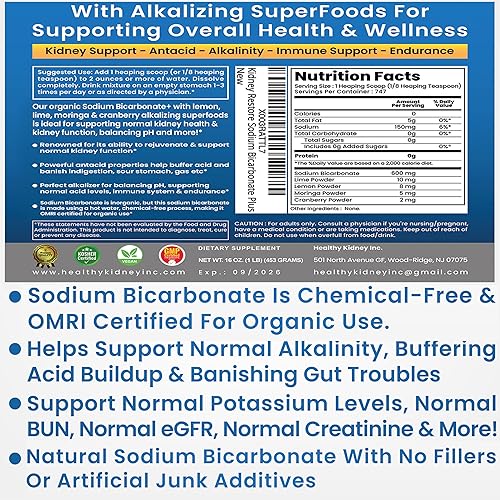Miniatura 3 de Suplemento alcalino de bicarbonato de sodio de uso orgánico para alcalinidad. Apoyo neutralizador de ácido renal y estomacal con superalimentos