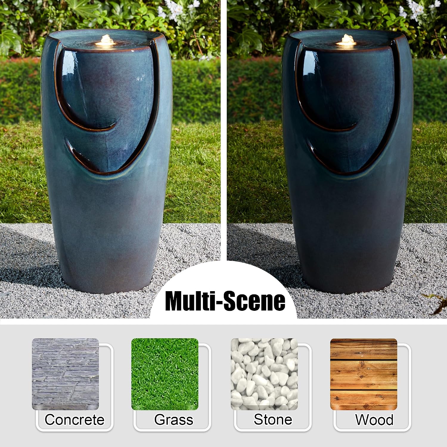 Glitzhome 29.25" H Outdoor Water Fountain Ceramic Vase Garden Water Fountain with LED Light and Submersible Pump for Patio Yard Art Decor,Turquoise