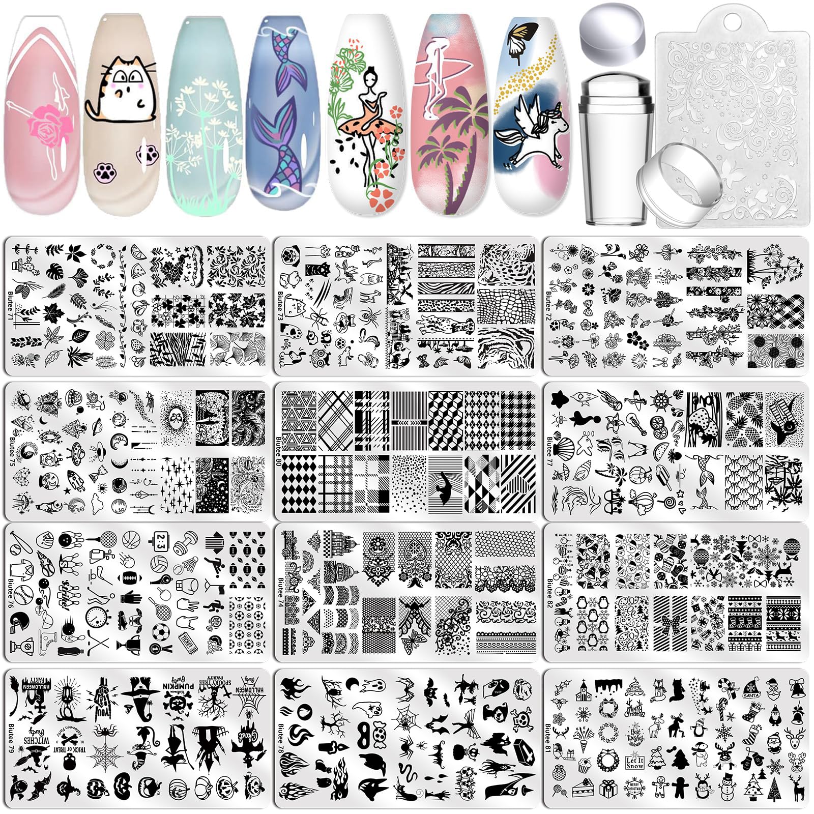 Biutee Nail Stamping Plate Set 12Pcs Nail Art Stamping Plates Nail Stamping Kit Nail Stamper Kit Flower Leaves Animal Lace Star Design Nail Stamp Plate