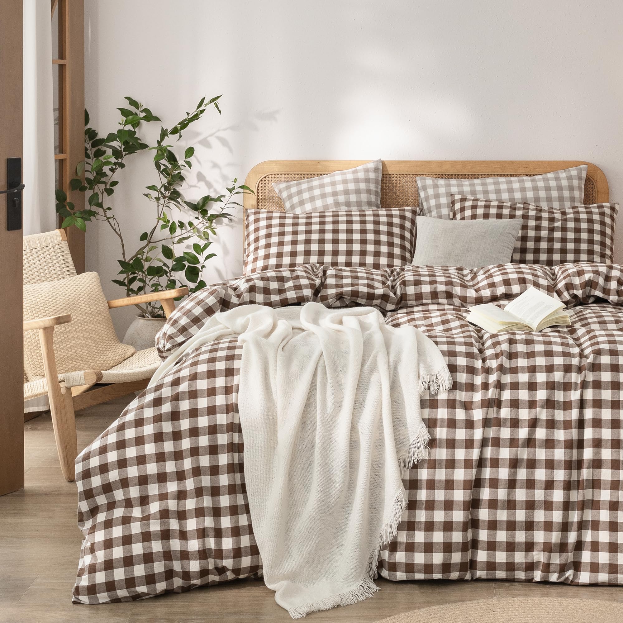 BESTOUCH Gingham Cotton Duvet Cover Set Cocoa Brown Full