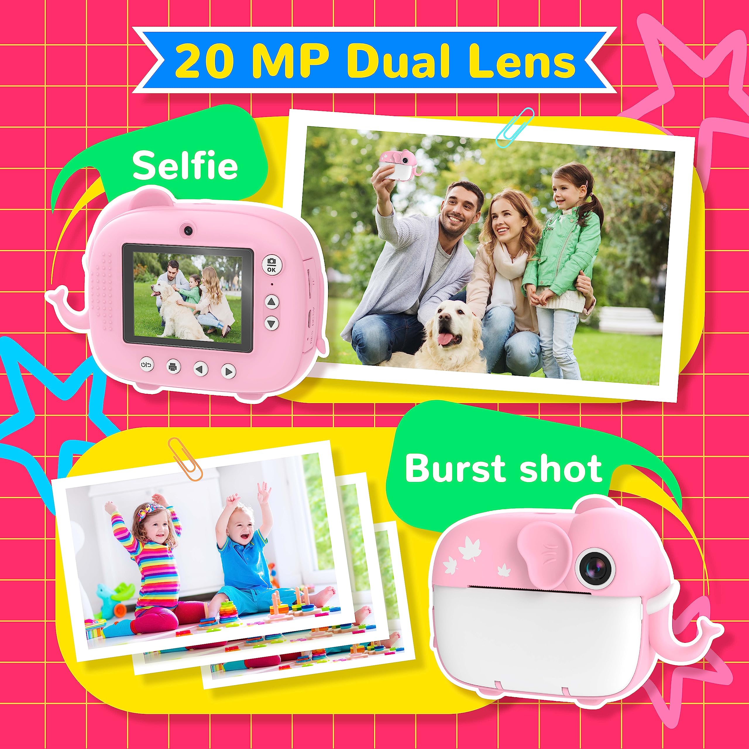 TIATUA Macchina Fotografica Bambini Istantanea, 20MP/1080P HD Videocamera, videocamera istantanea senza inchiostro con 32GB Scheda, Regalo per Bambini dai 3-12 Anni