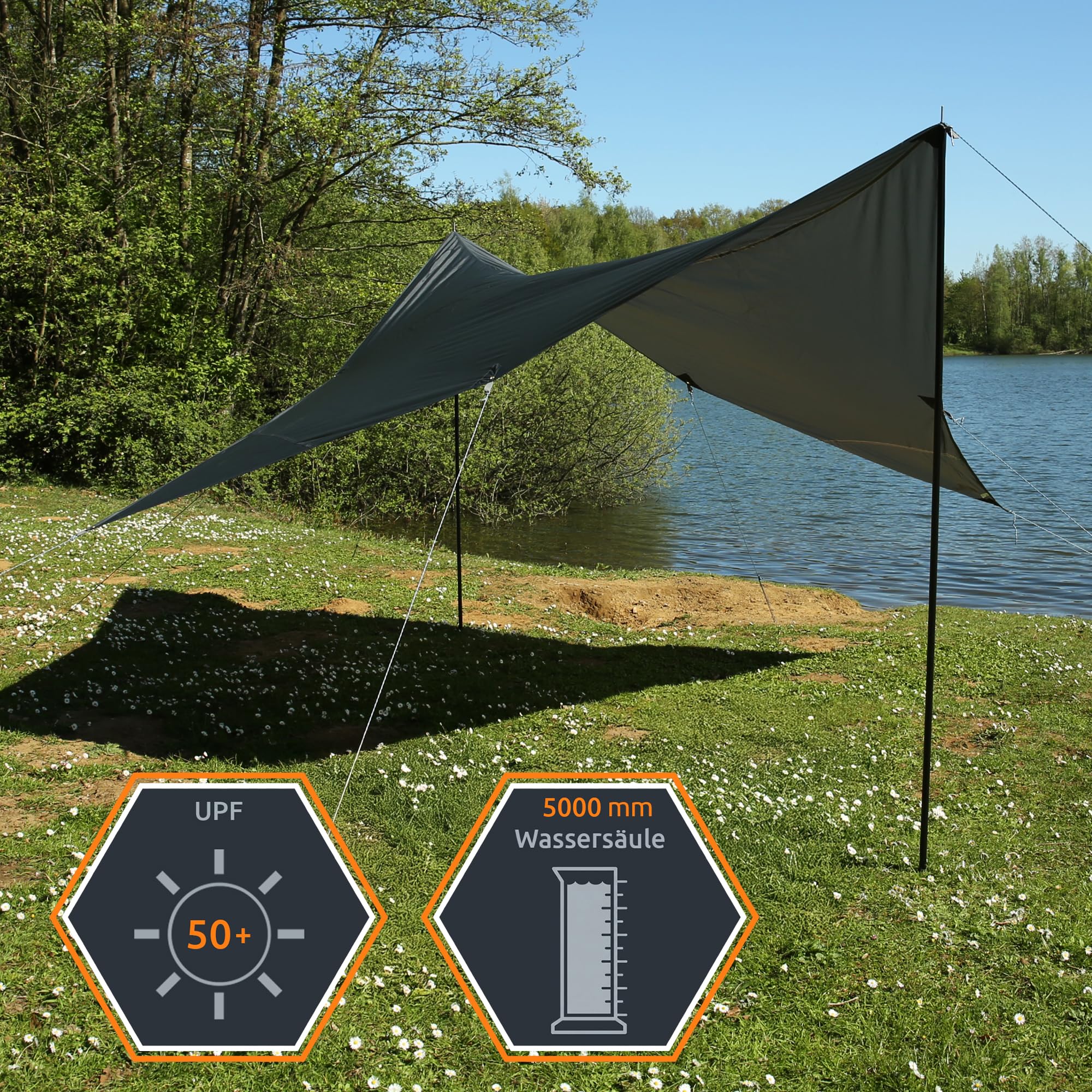 your GEAR Sonnensegel Atrani 3 x 3 m Sonnenschutz Wetterschutz Tarp 2 Auftstellstangen Wasserdicht 5000 mm Grau