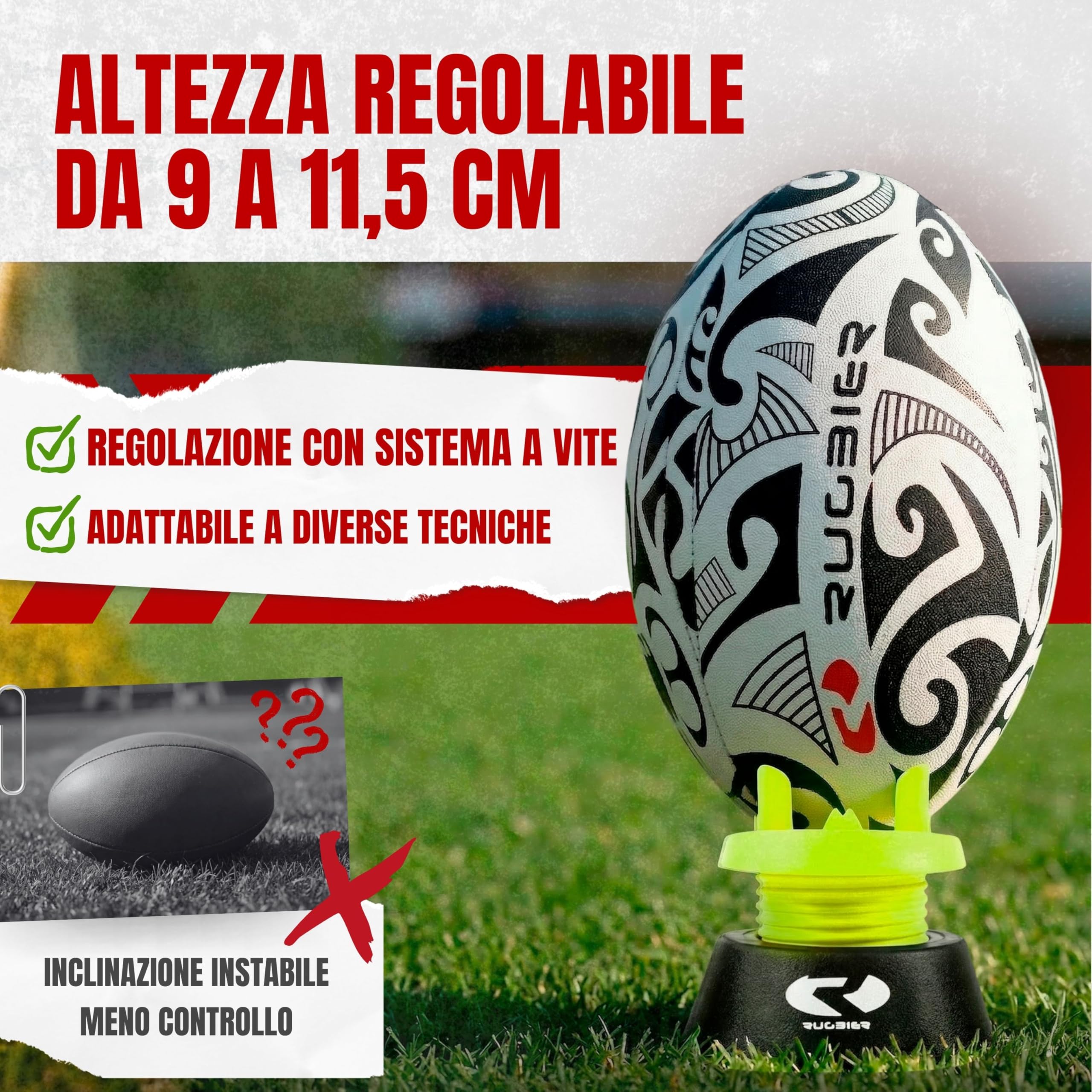 Tee da Rugby Regolabile Professionale – Supporto Calci Altezza Regolabile Trasformazioni e Piazzati – Base Pallone da Rugby Alta Stabilità – Accessorio Allenamento e Partita – Giallo/Nero