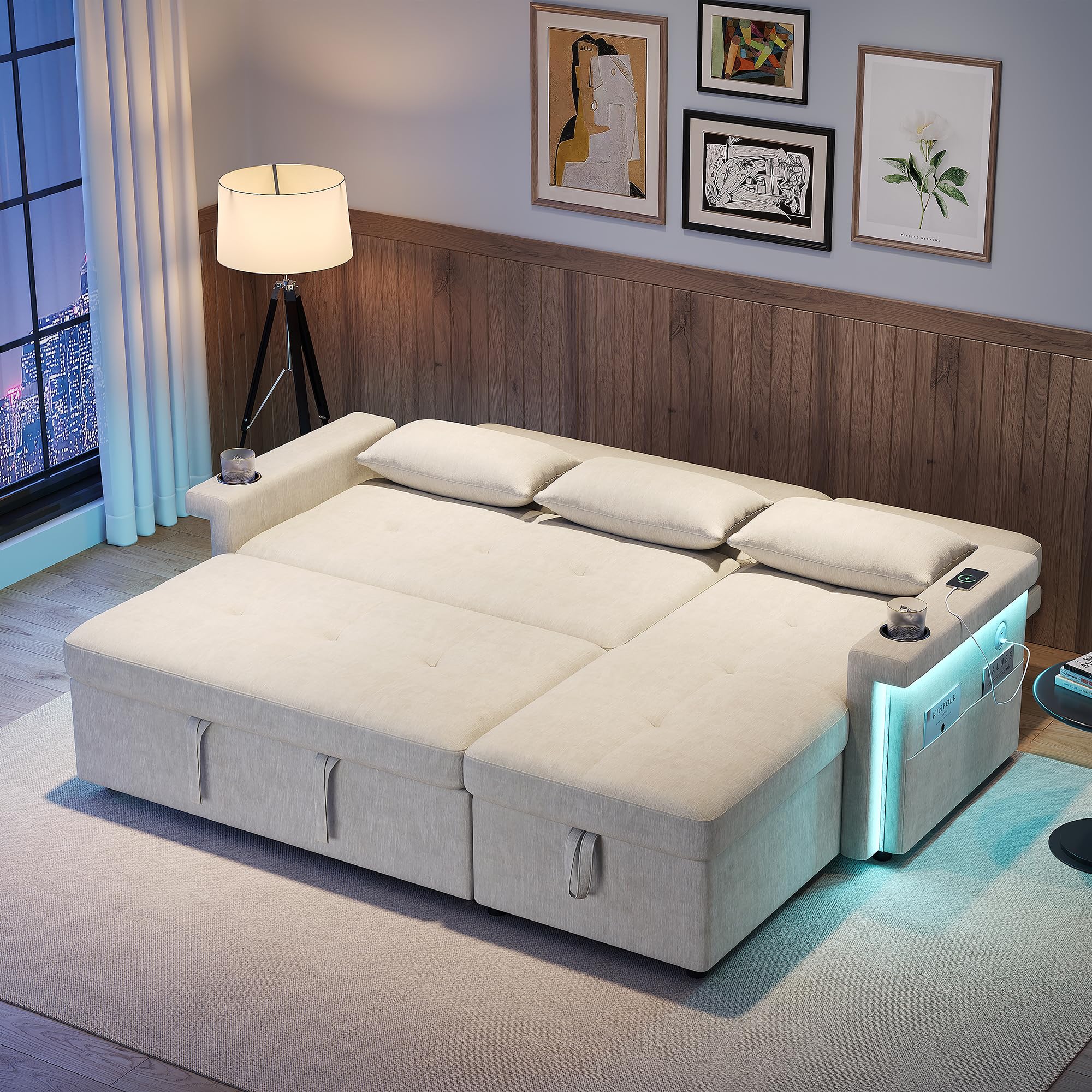 Divano Pieghevole con Funzione Letto, Divano Angolare a L con illuminazione a LED e Porte USB, Schienale Regolabile con Cuscini e Vassoio Portabicchieri, divani a 3 Posti con Contenitore per soggiorno