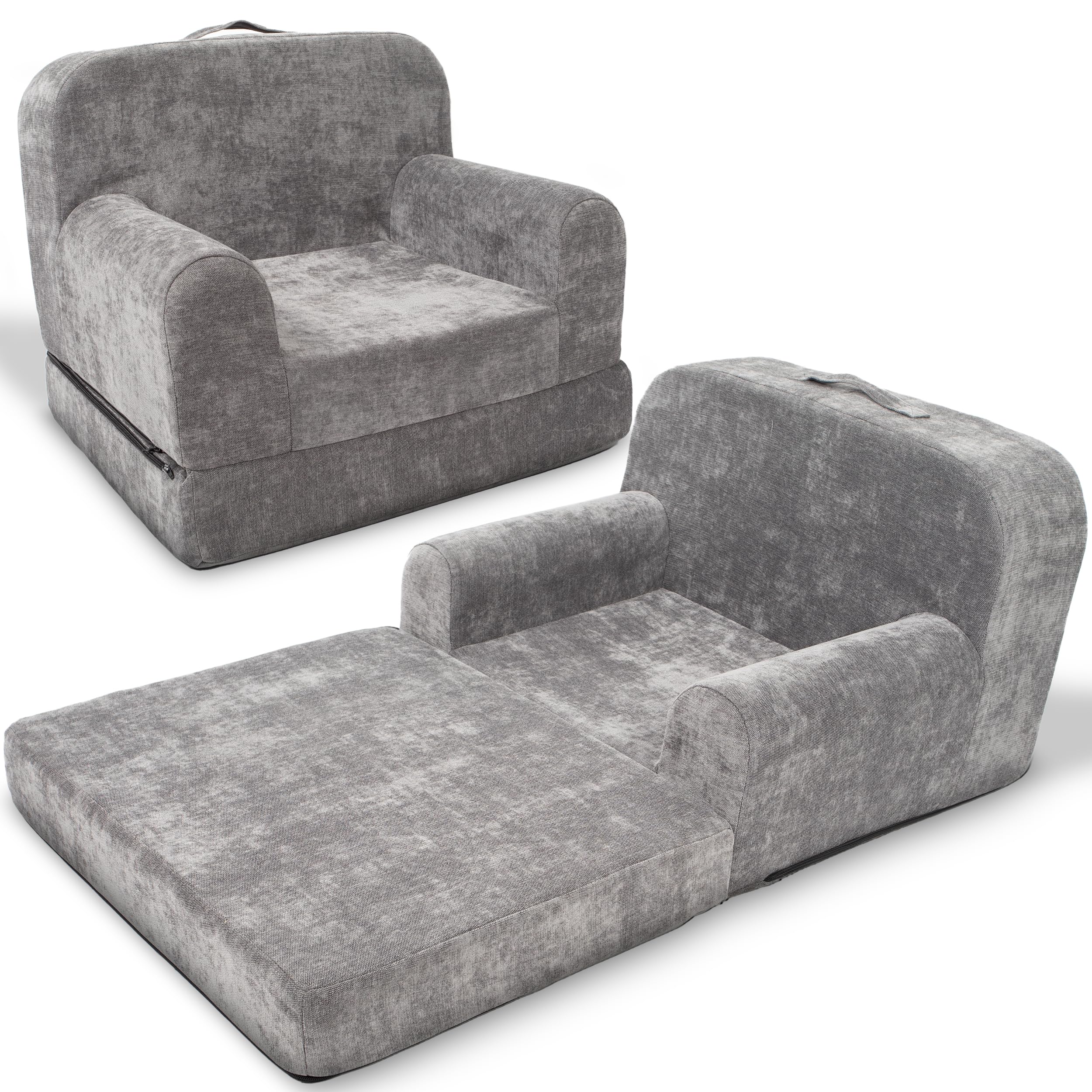 ParkaLounger Children's Sofa 2-in-1 Convertible Chair & Sleeper - Durable Foam Keeps Its Shape - Lightweight, Portable with Handle - Soft, Sturdy & Cozy Seat for Lounging & Play, Gray, Medium