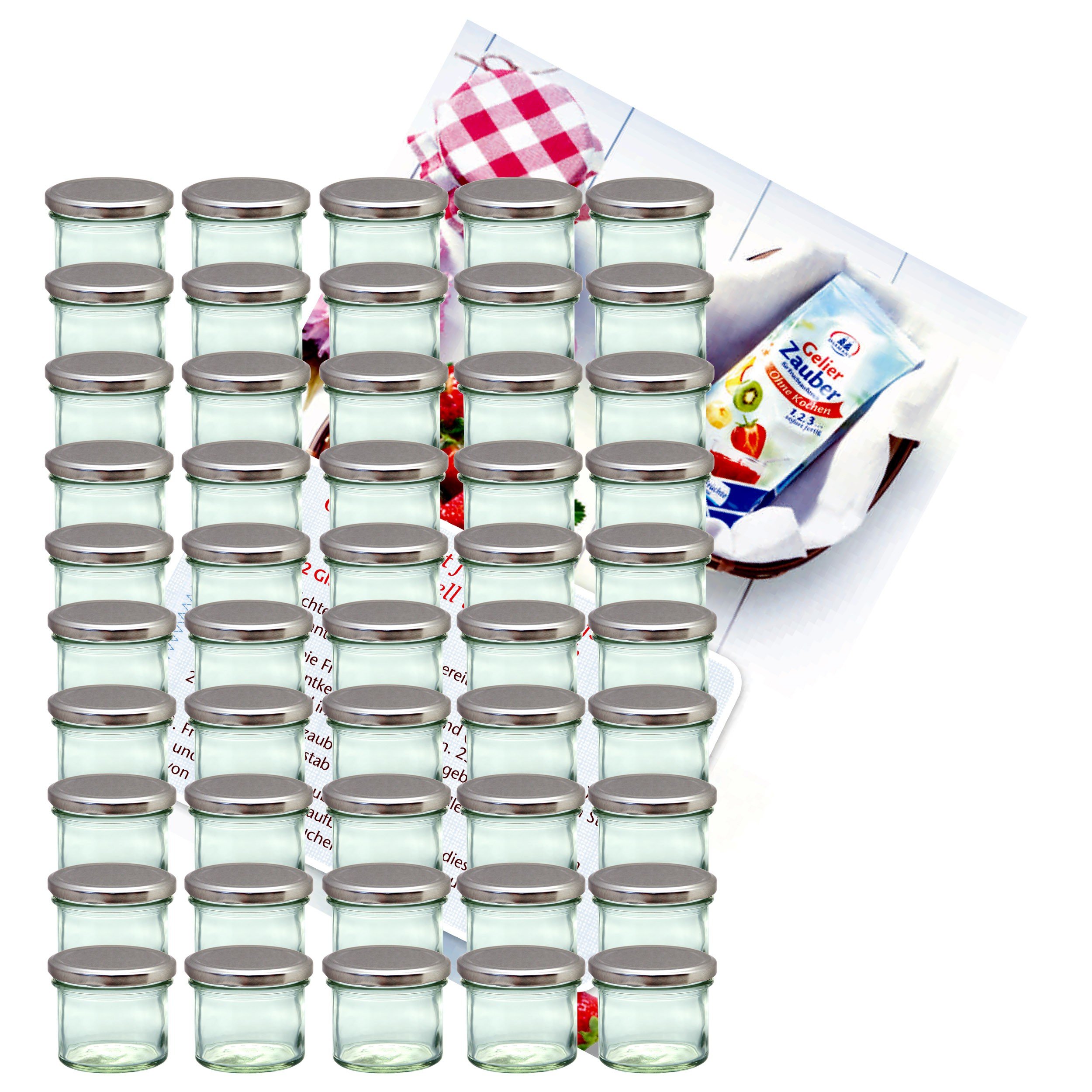 MamboCat Set di 50 vasetti da 230 ml, con coperchio alto, colore nero To 66, incluso libro di ricette per gelificante, barattoli per marmellata, barattoli per conserve, barattoli per conserve