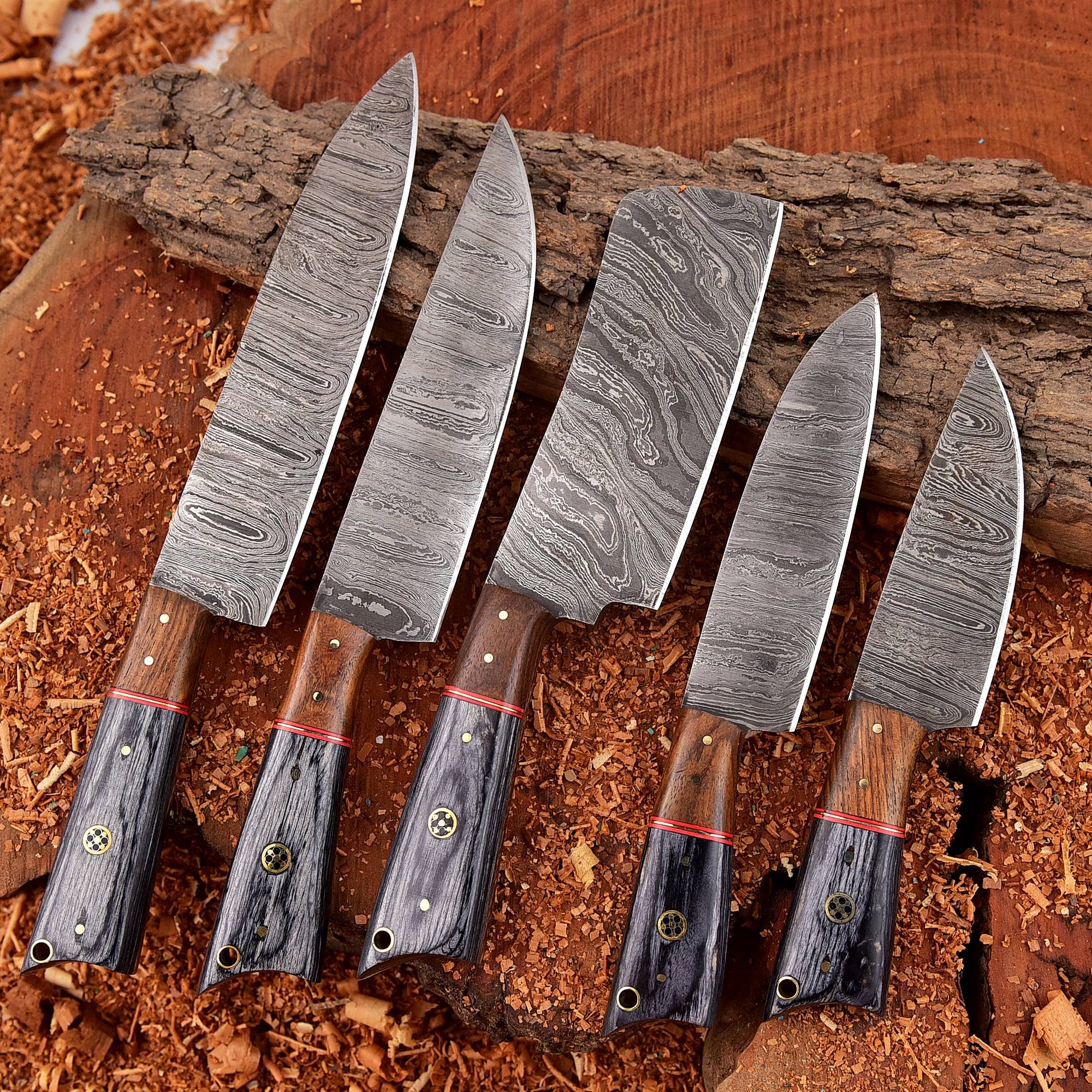 Custom Handmade Damascus Chef with Leather Cover, Set of 5 Pieces