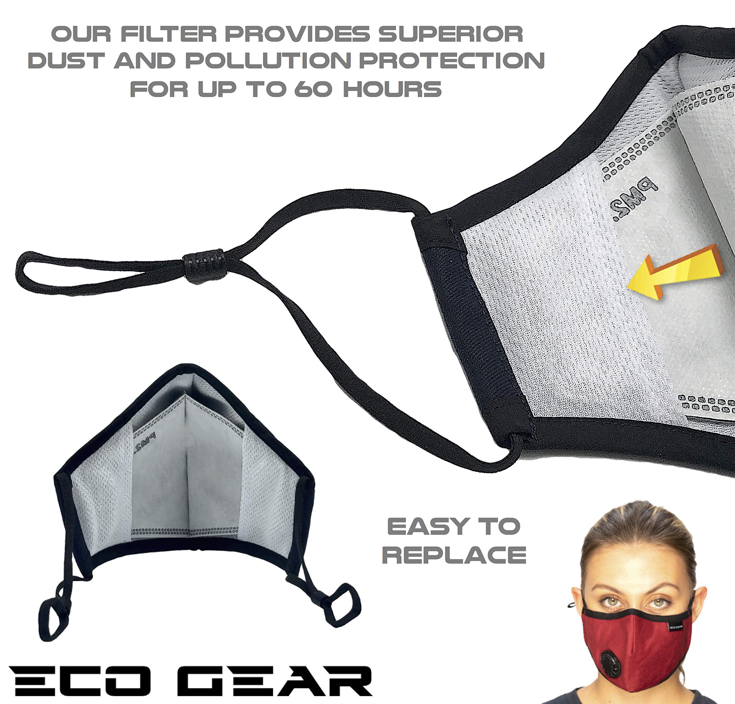 ECO-GEAR Anti-Pollution Face Mask – Military-Grade Respirator With Replaceable Filters, Breathable, For Dust, Pollen, Construction, Running, Cycling – Burgundy Valve
