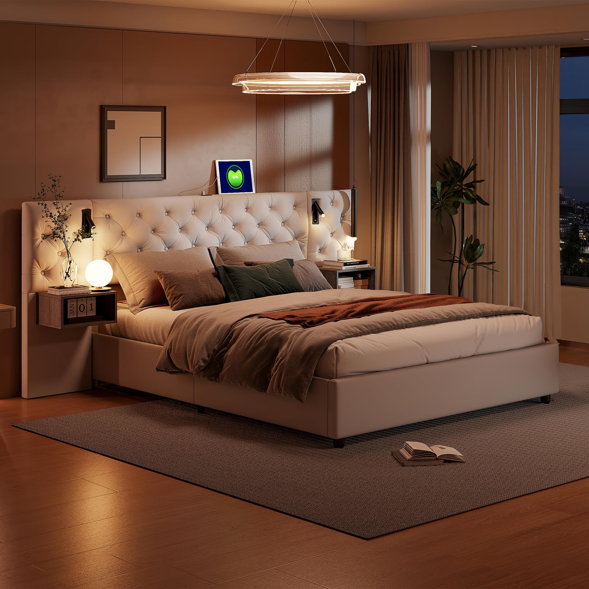CDQL Łóżko tapicerowane 160 x 200 cm z 2 lampkami nocnymi i szufladą na stolik nocny, podwójne łóżko ze schowkiem Air-Bar, rama łóżka ze złączem USB i stelażem, łóżko funkcyjne, łóżko dla gości