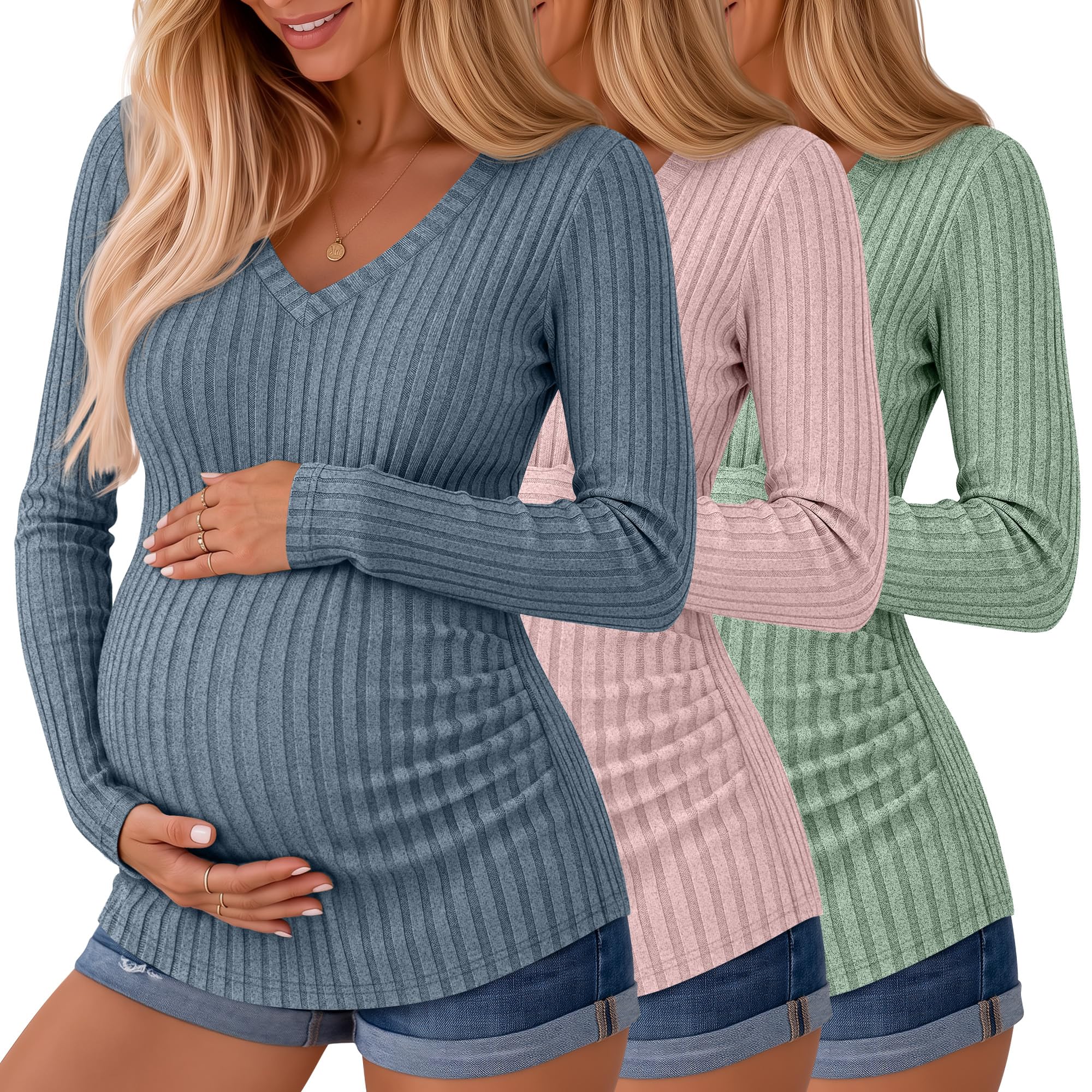 Ficerd 3 Pack Women Maternity Ribbed Long Sleeve Sweater Shirts