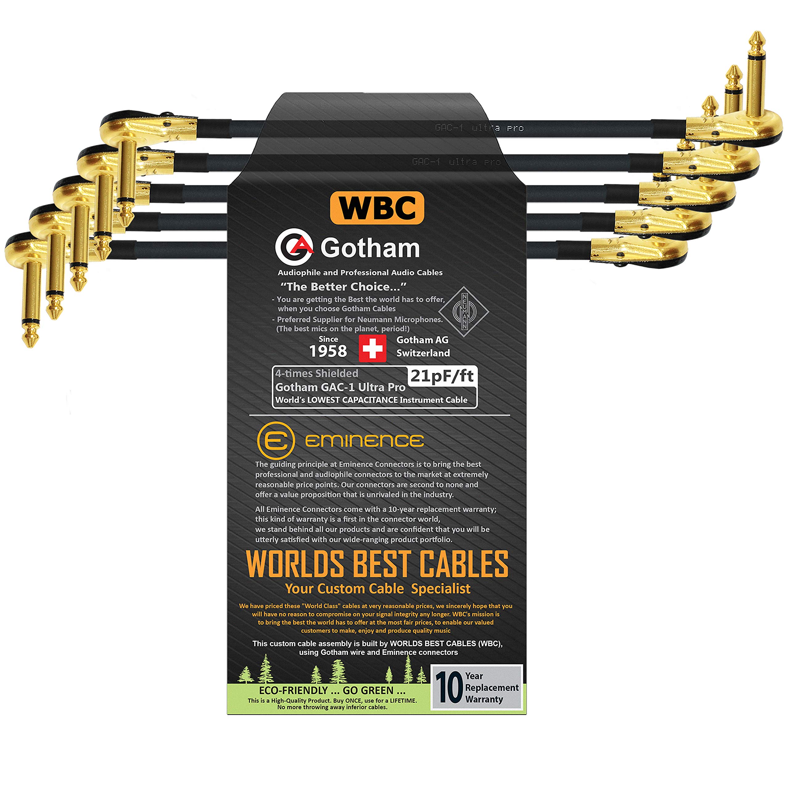 WORLDS BEST CABLES 5 Units - 15 Inch - Gotham GAC-1 Ultra Pro - Low-Cap (21pF/ft) Guitar Bass Effects Instrument, S-Shaped Patch Cable & Gold (6.35mm) Low-Profile R/A Pancake Plugs - Custom Made