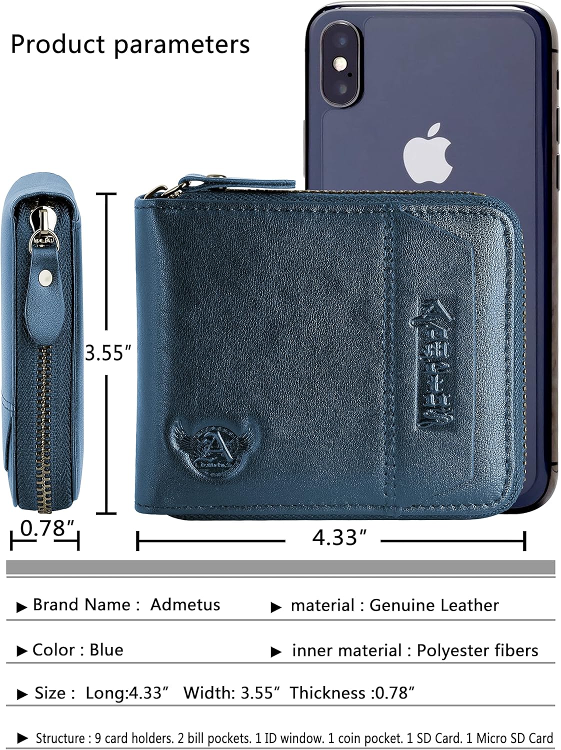 Admetus Men's Genuine Leather Short Zip-around Bifold Wallet - Image 5