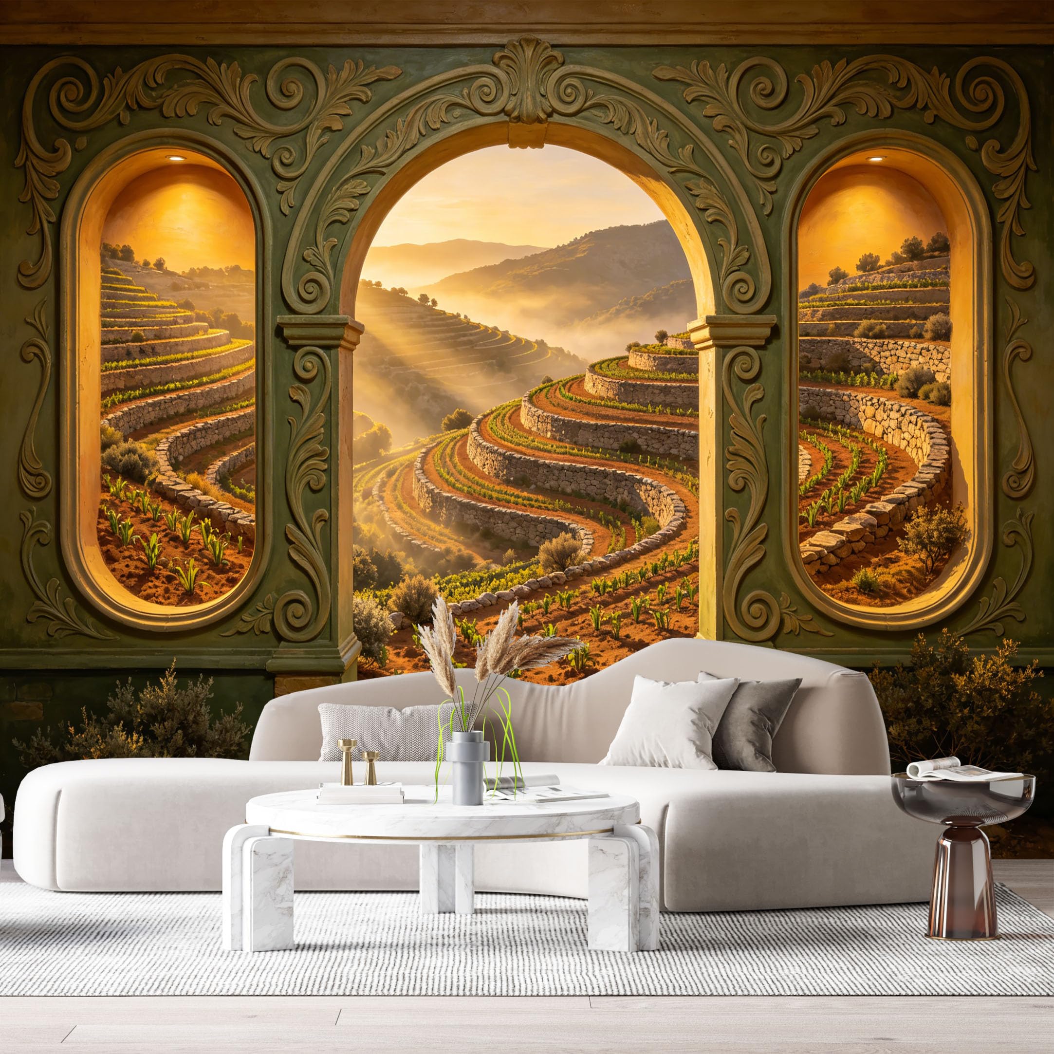 Custom Size Wall Murals Renaissance Villa Terraced Vineyards Sunset 3D Trompe L'Oeil SelfAdhesiveWall Fabric Removable Wallpaper Wall Decor for Living Room Bedroom Bathroom