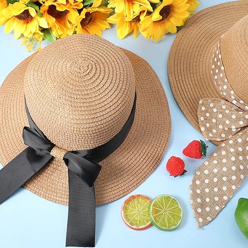 Miniatura 6 de Leumoi 2 sombreros de paja para niña, sombrero de playa para niños pequeños con nudo de lazo, gorra de paja de verano para niñas pequeñas de 3 a 10