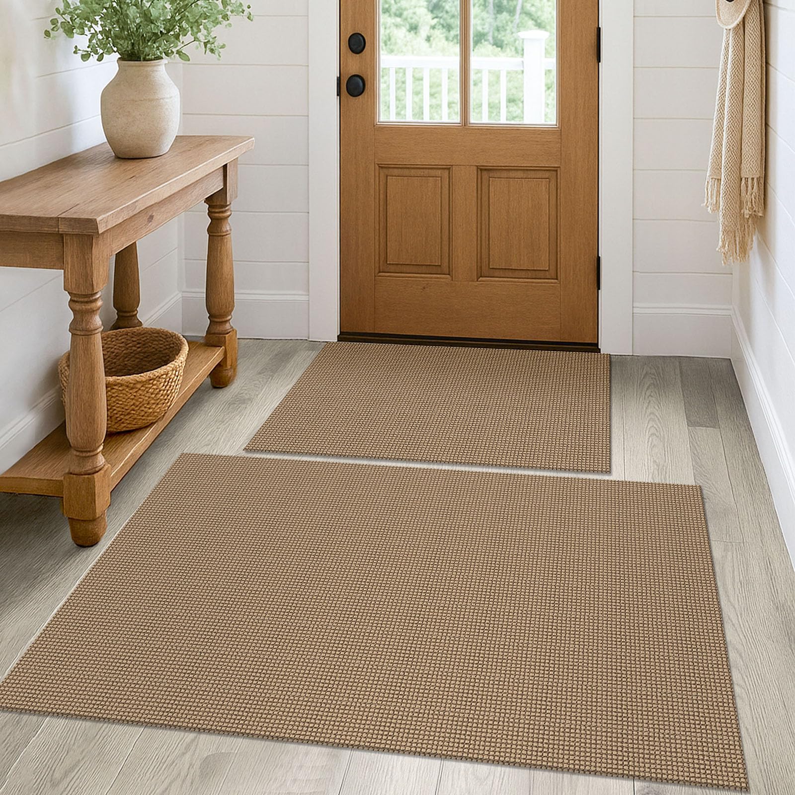 KOZYFLY Rugs for Entryway Sets of 2 Pcs 2x3 and 3x5 Washable Entry Rug Non Slip Rubber Backed Entrance Rugs Woven Cotton Doormat for Front Porch Laundry Kitchen Bedroom, Tan/Orange/Brown โ image 1