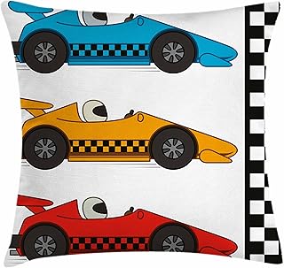 Lunarable Cartoon Throw Pillow Cushion Cover, Race Cars at Start Line Adrenaline Exotic Sports Championship Theme, Decorative Square Accent Pillow Case, 16