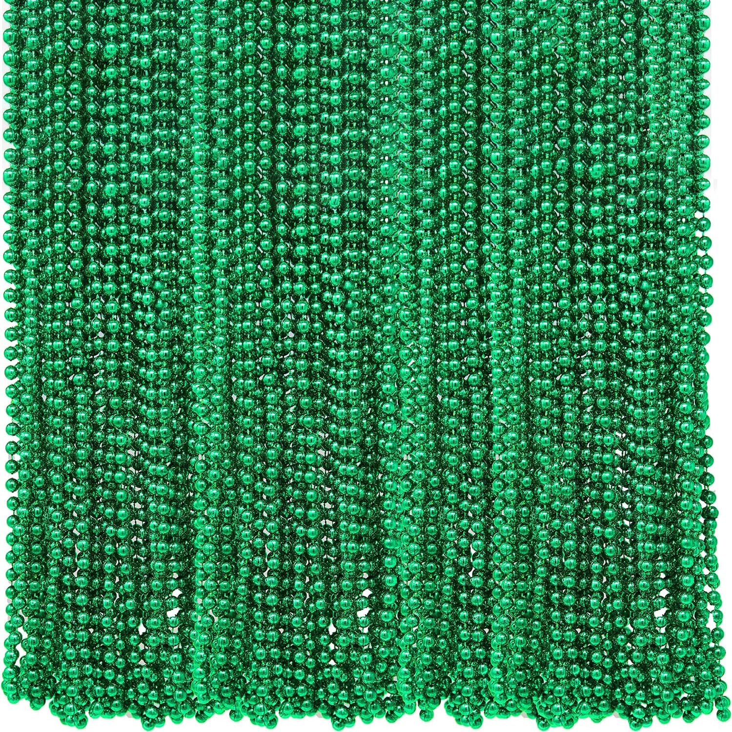 4E's Novelty St Patricks Day Beads Necklace Bulk (Pack of 72) Green Beads - Saint Pattys Gifts, 33 Inch 7mm Party Favor Supply, St Patricks Day Outfit Costume Dress UP Accessories Bulk Parade Throws