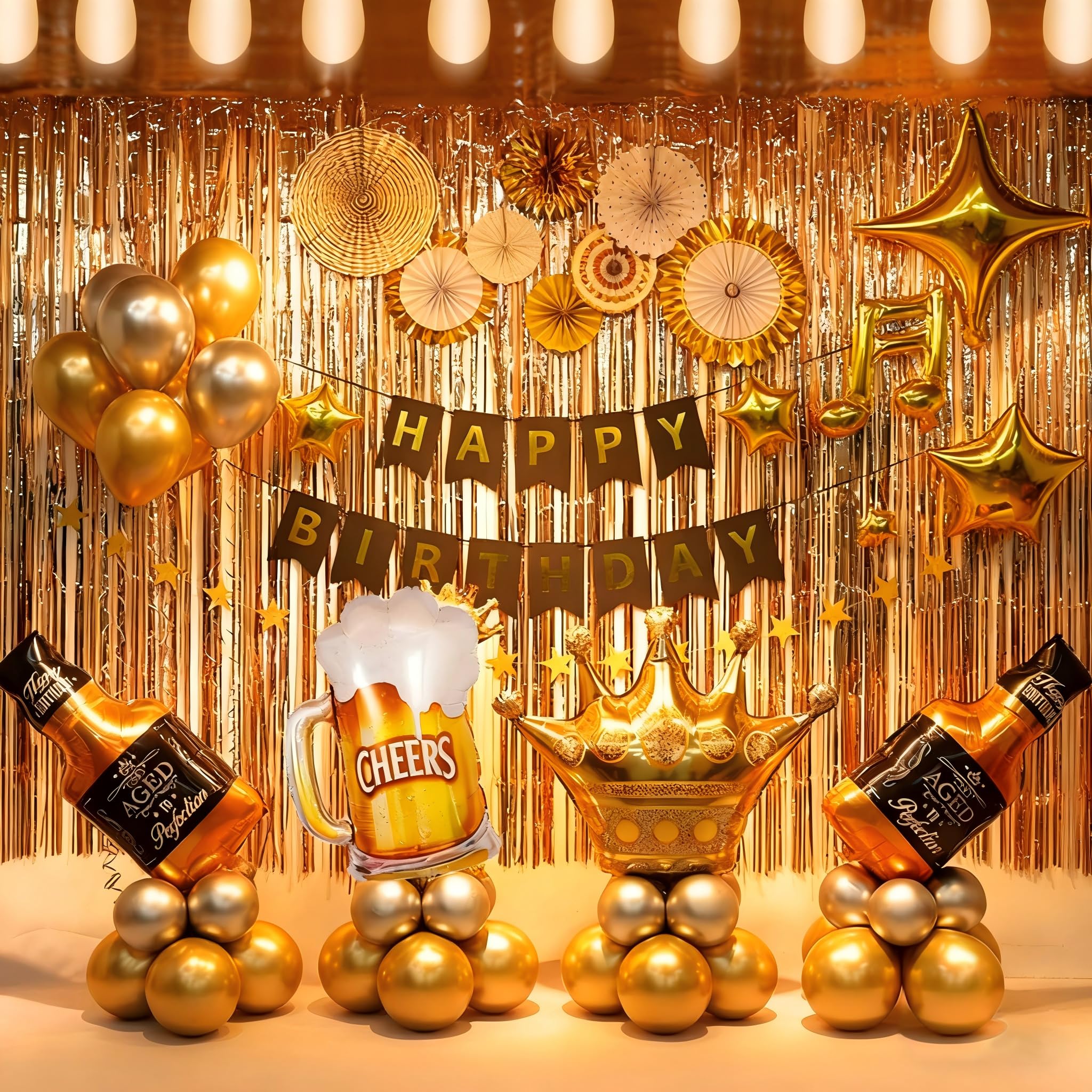 GoGoGoodie Birthday Party Decorations for Men & Women Whiskey Party Supplies Golden Party Decor Include Happy Birthday Balloons Banner String Light Perfect for 18th Adult Birthday Decoration at Night