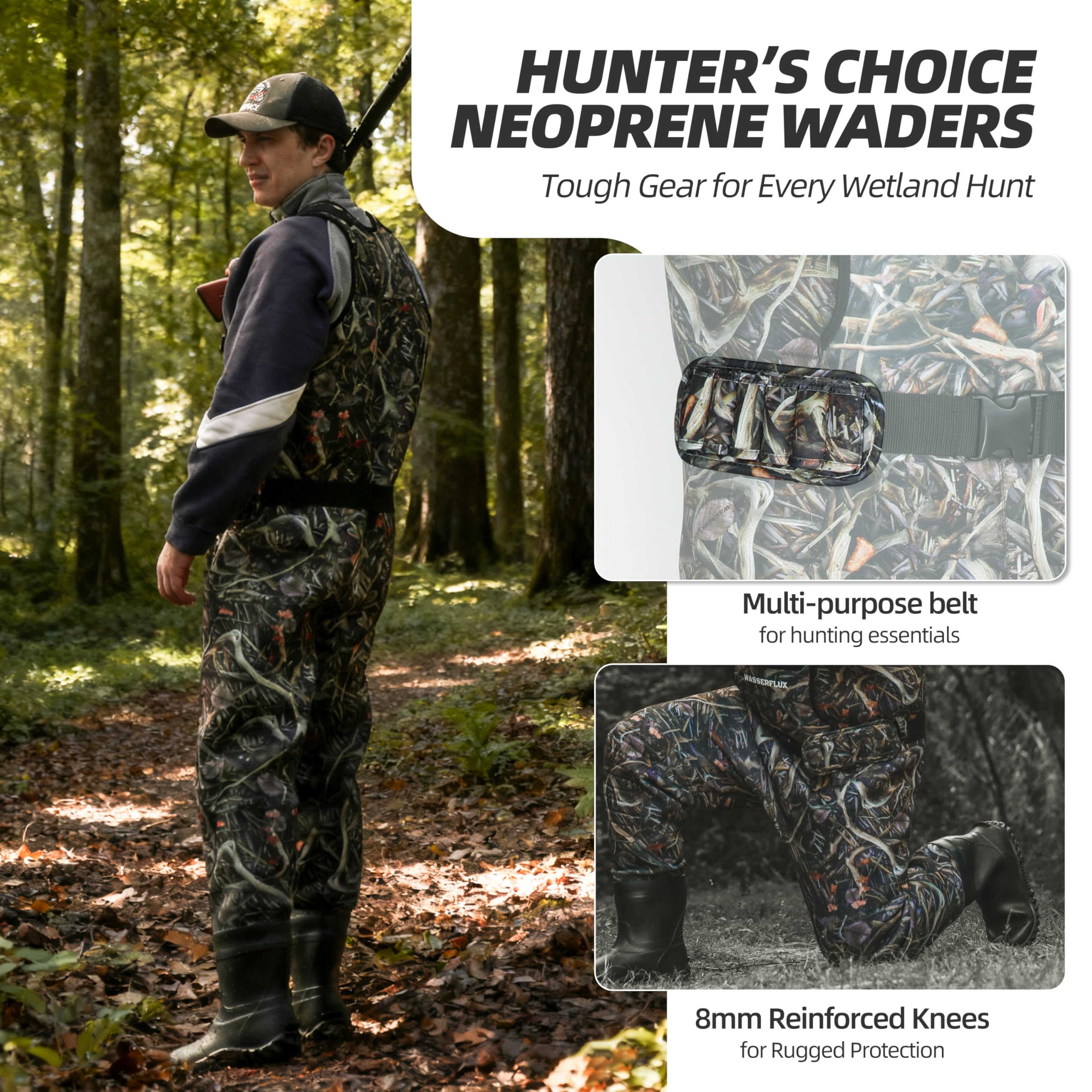 Wathose für Herren mit Stiefeln – wasserdichte 4 mm Neopren-Wathose, 8 mm verstärkte Knie, 800 g isoliertes Stiefelfuß-Design für Jagd und Outdoor