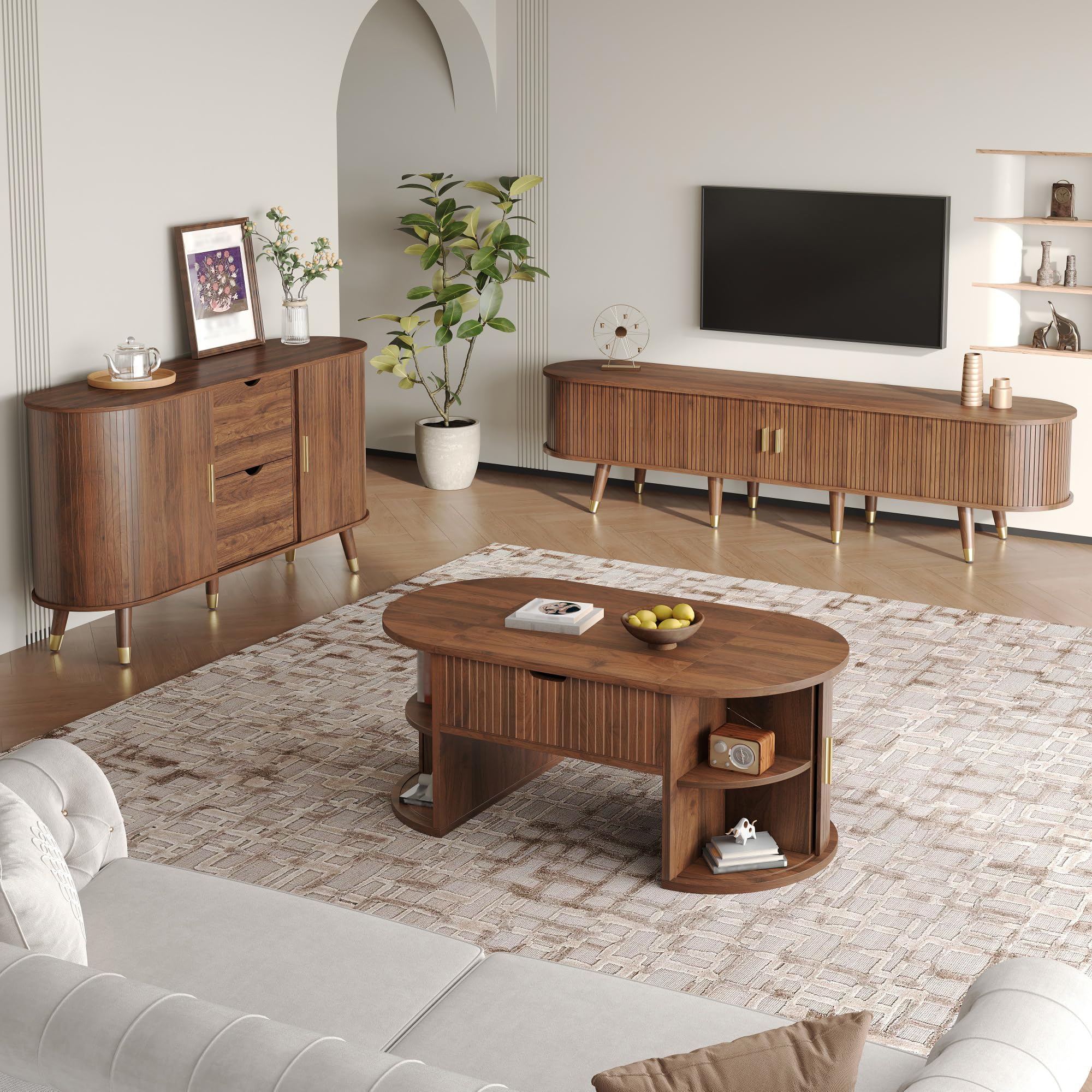 Set da Soggiorno in MDF, per Salotto, Noce, Set da 3 Pezzi