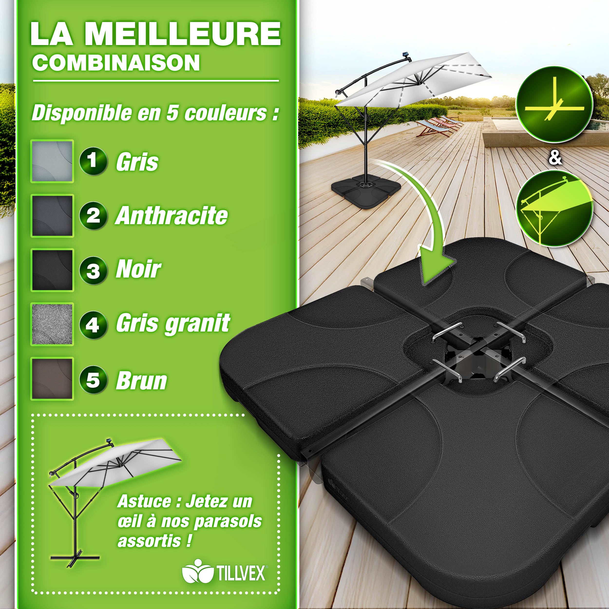 tillvex® Lestage & Dalles Carrées pour Parasol Déporté – Pied de Parasol 60 litres / 80 kg, 4 Pièces avec Connecteur Métallique | Base Remplissable avec Eau ou Sable | Support de Parasol (Noir)