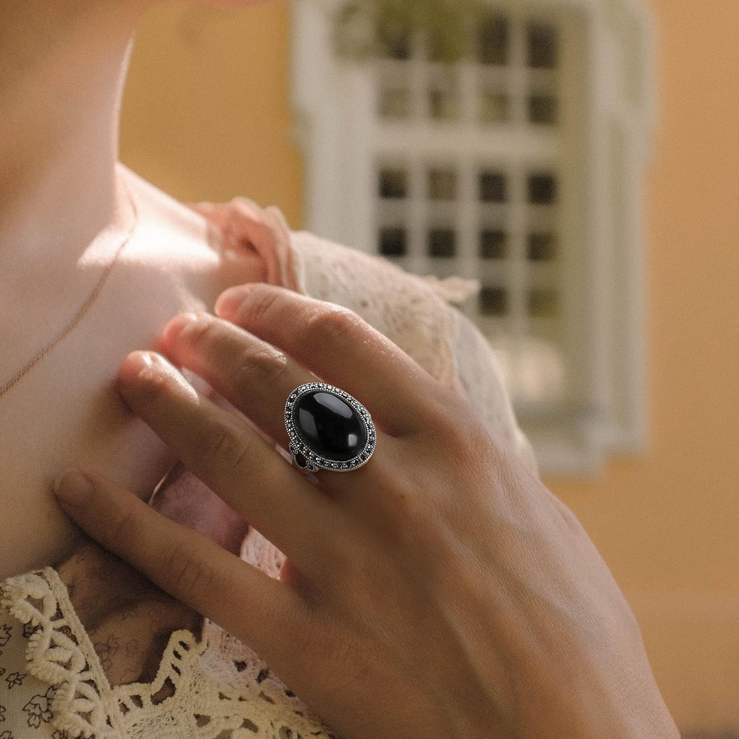 Mytys Retro Vintage Cocktail Statement Ring Black Marcasite & Crystal Rings for Women Antique Silver Big Black Onyx Stone Ring - Image 2