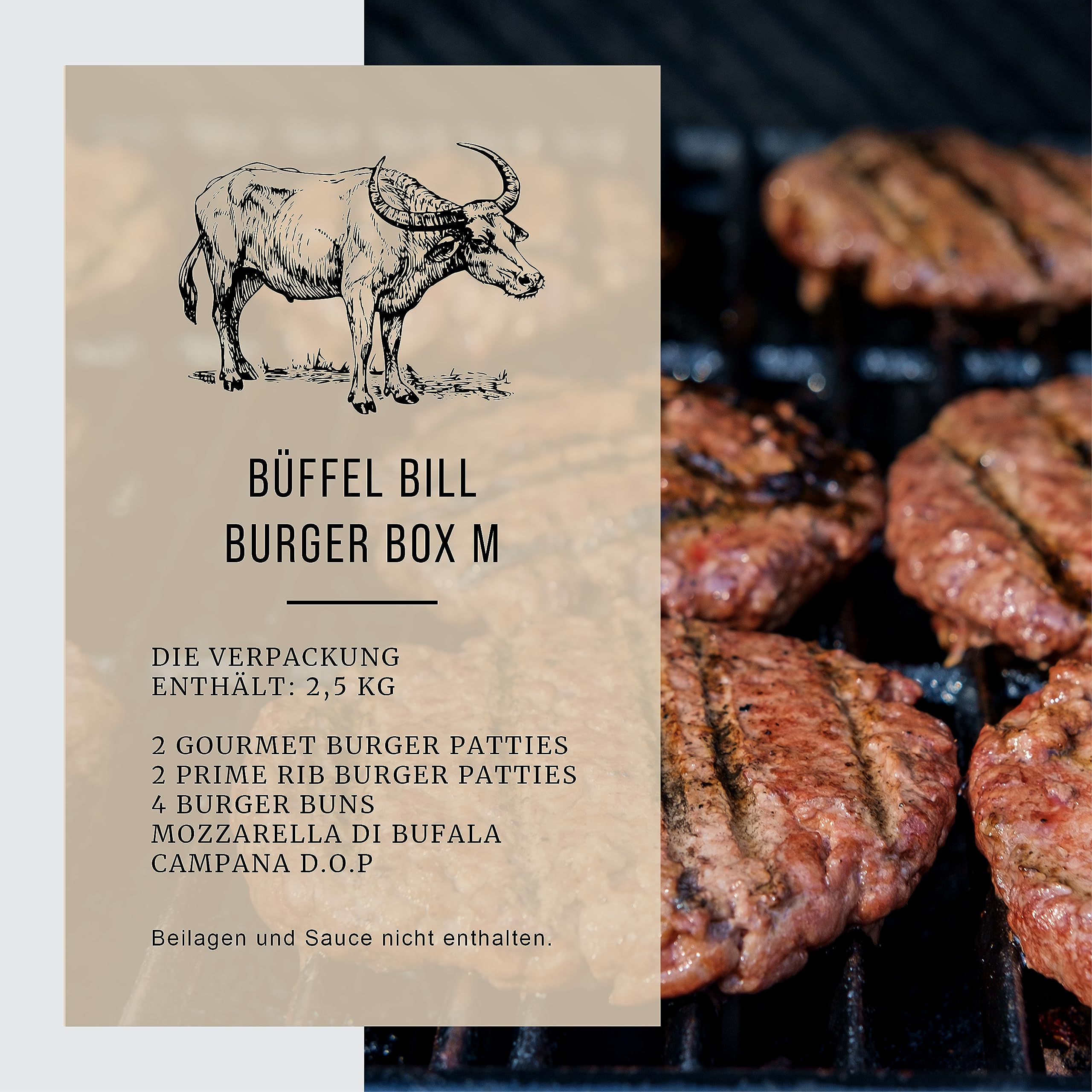 BÜFFEL BILL Burger Box M - 2,5kg I Saftige Gourmet Burger mit Prime Rib Patties, Buns & cremiger Büffelmozzarella I Aus den feinsten Wasserbüffel Cuts