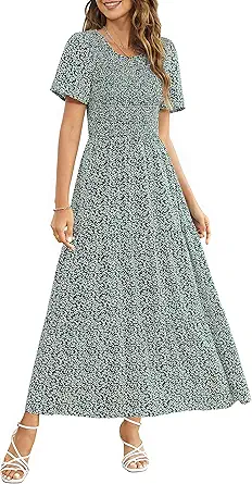 Maggeer Womens 2023 Fall Summer Wedding Guest Maxi Dress Casual Short Sleeve Smocked Floral Boho Tiered Flowy Long Dress