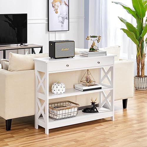 Miniatura 5 de Yaheetech Mesa consola con cajón, mesa de entrada de 3 niveles con estantes de almacenamiento, mesa de sofá estrecha de madera para