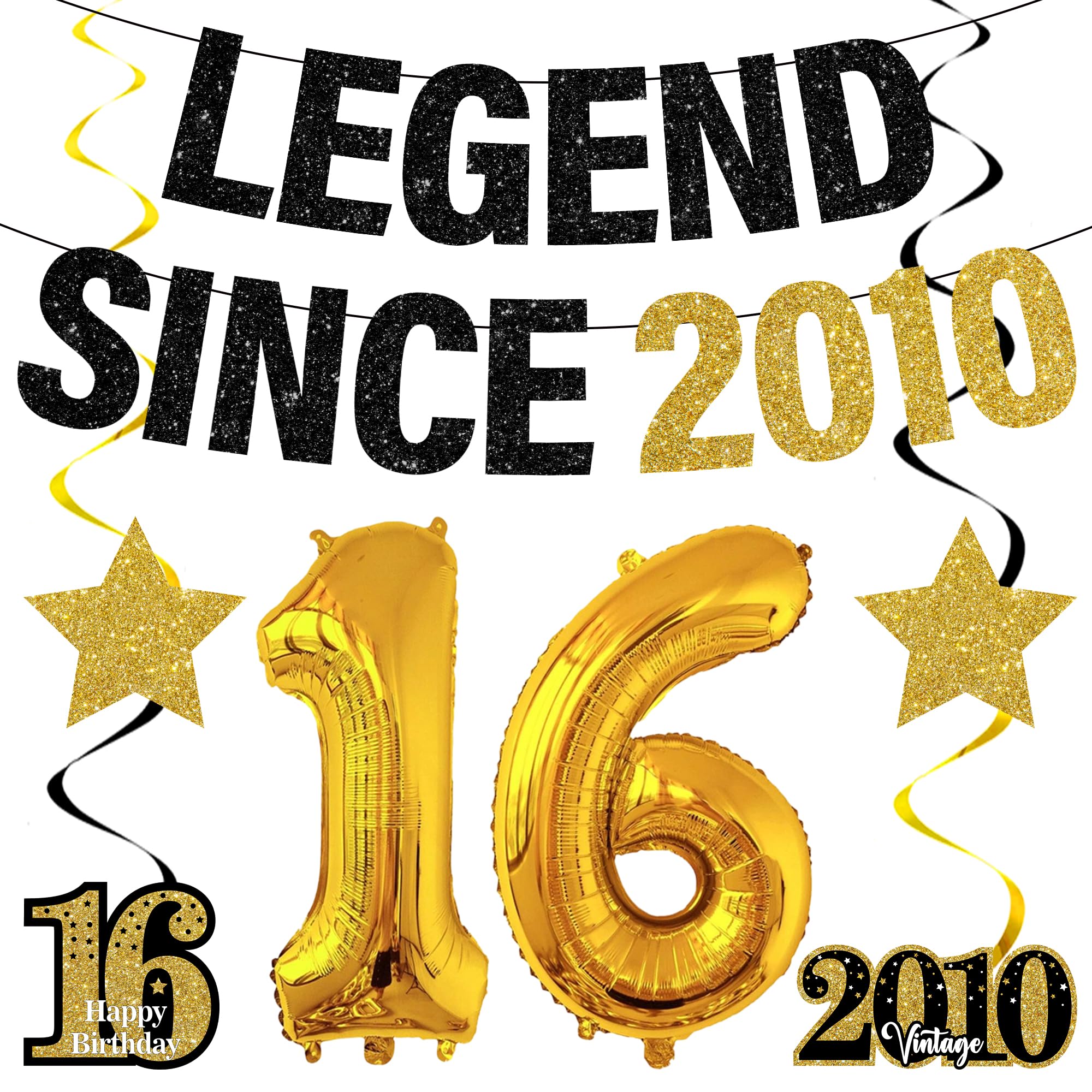 16th Birthday Decorations Boys Girls - 7 Pcs Black Gold Pre-strung Legend Since 2010 Banner Star Hanging Swirls Number 16 Balloon for Happy 16 Year Old Birthday Party Decoration Supplies Gifts