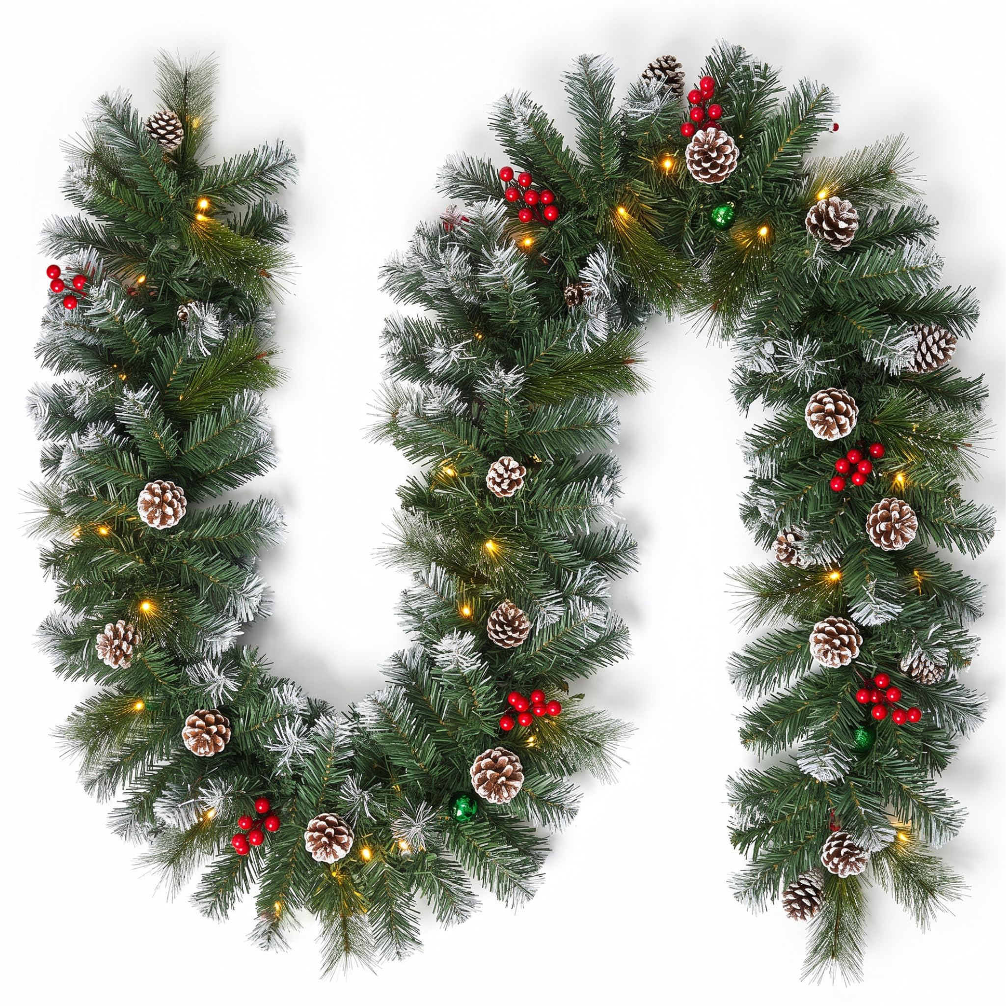 9FT Artificial Christmas Garland, Christmas Garland Decoration with 30 LED Lights and Pine Cone Baubles, Luxury Xmas Garland for Tree Fireplaces Stairs Doors Xmas Tree Garden Yard Decor, 270CM/ 9FT