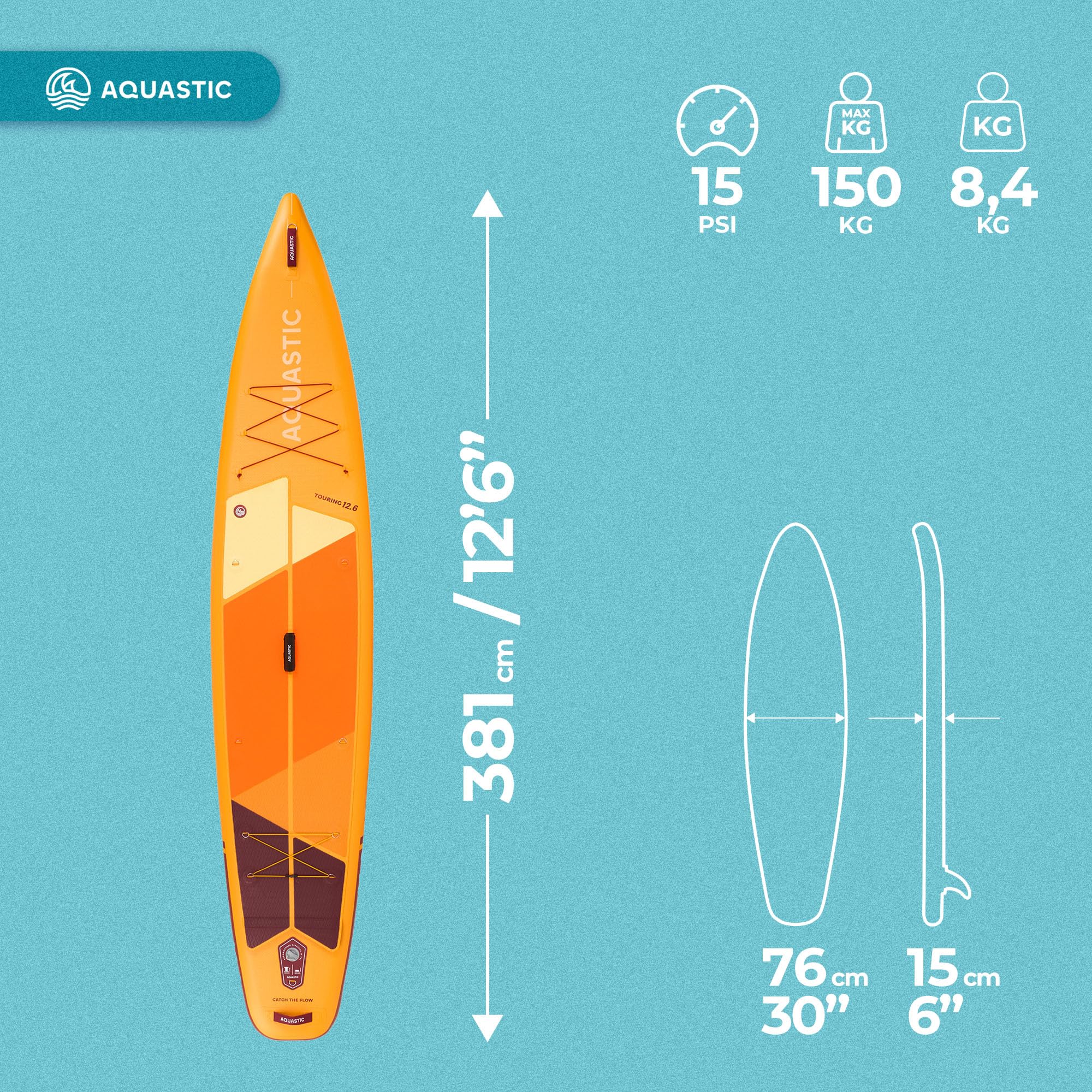 AQUASTIC Tabla de SUP hinchable Touring de 12'6 pulgadas, perfil Touring, Drop Stitch Lite + rigidez y ligereza, PVC de una capa de 2600 g/m², 381 x 76 x 15 cm, cilindrada de 355 l, capacidad de carga | 381 x 76 x 15 cm, 355 l, hasta 165 kg, con remo 2 en