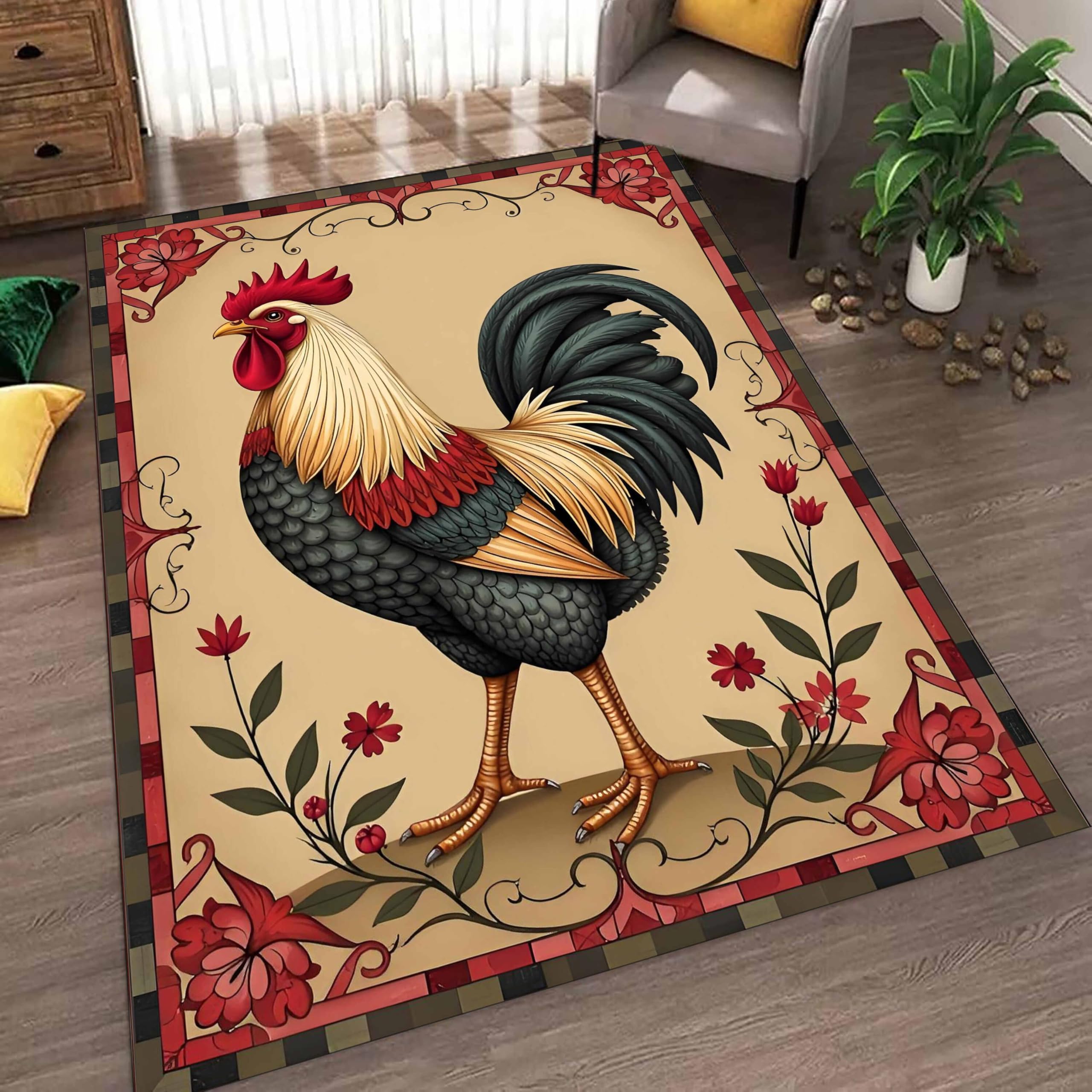 Tapis rustique facile à nettoyer floral coq vintage 160x230