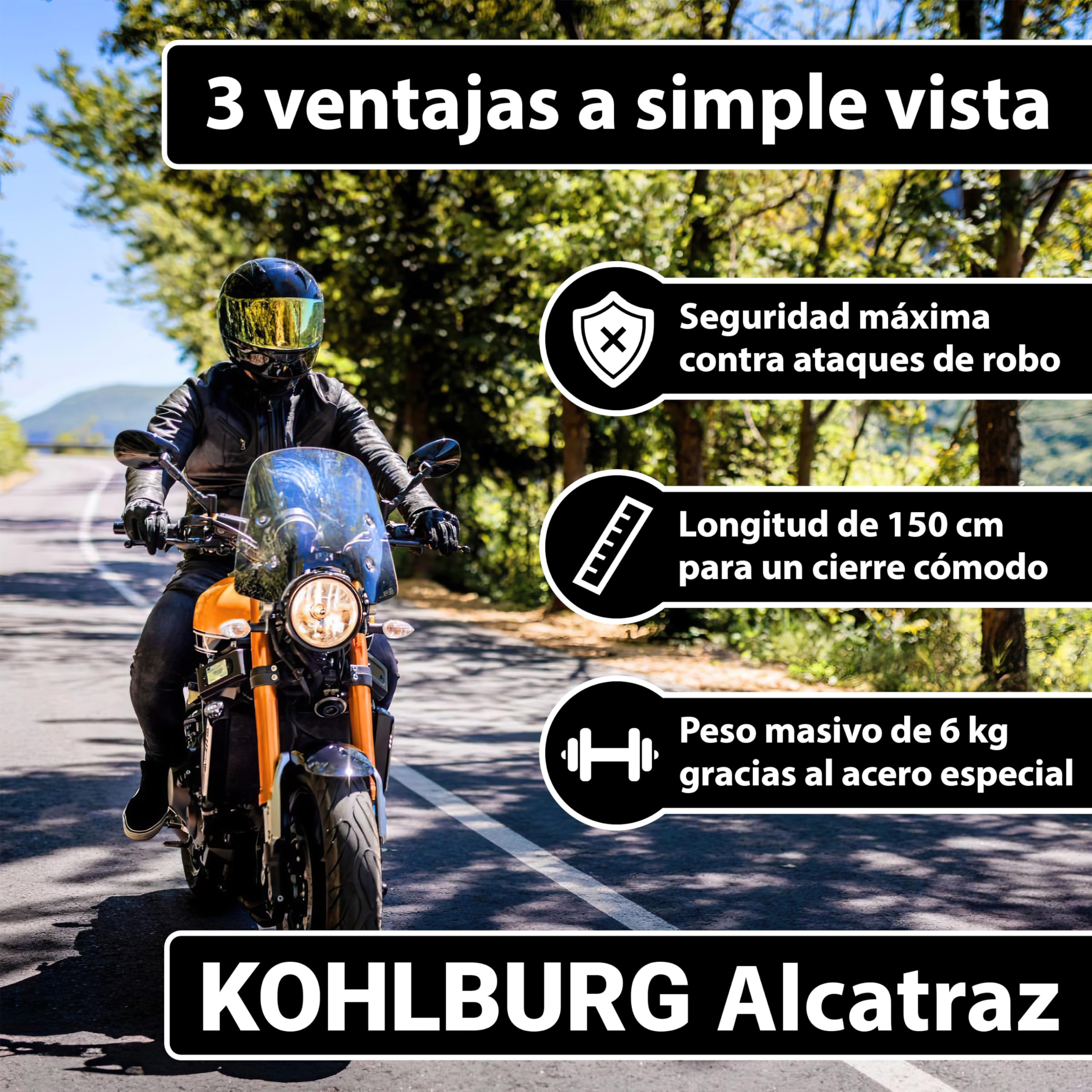 KOHLBURG antirrobo de cadena macizo para moto 6kg, 150 cm de longitud con nuestro nivel de seguridad más alto 15+ de 15, cadena de acero de 13 mm super robusta como candado para moto, scooter y e-bike