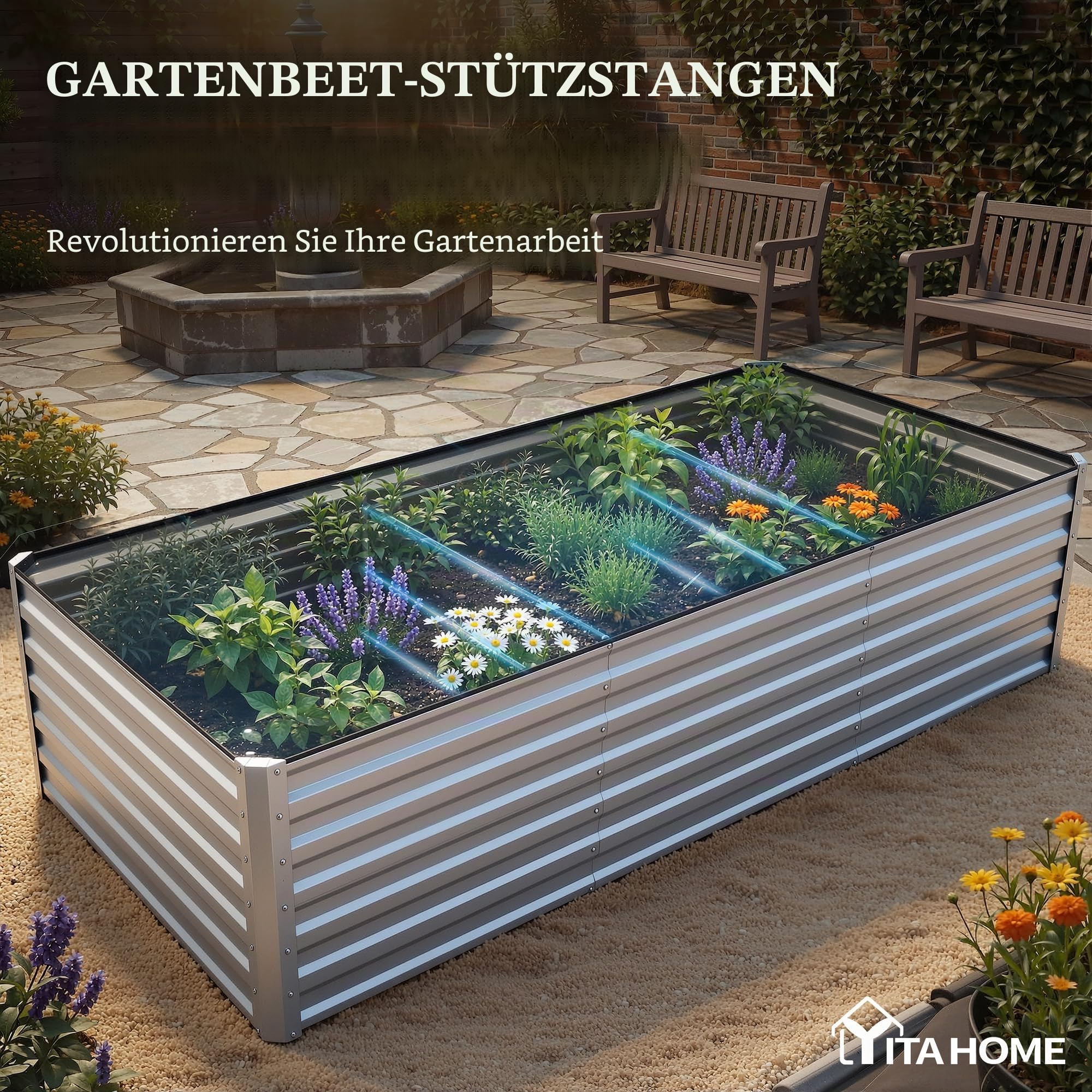 DWVO Hochbeete für den Garten,1550L Hochbeet aus Metall,Verzinkter Stahl 0.35 mm mit Sicherheitsrand und 4 Stützstangen für Gartenobst und gemüse(Silber,240 x 120 x 54 cm)