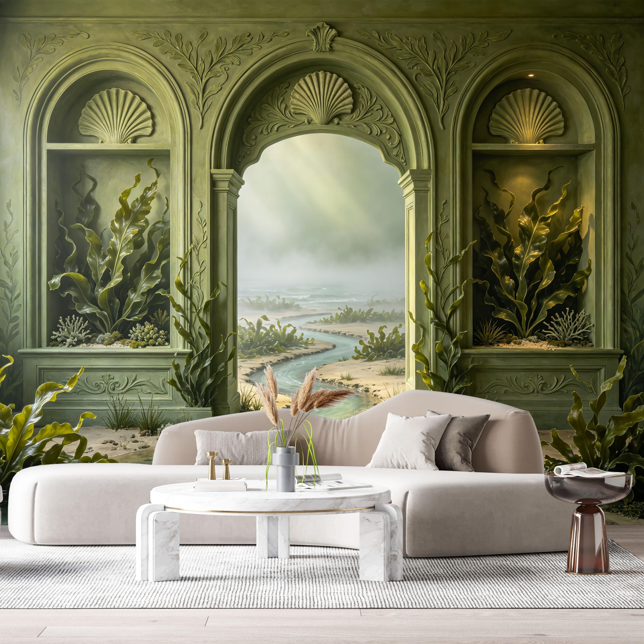 Custom Size Wall Murals Neoclassical Coastal Architecture Seaweed 3D Trompe L'Oeil SelfAdhesiveWall Fabric Removable Wallpaper Wall Decor for Living Room Bedroom Bathroom