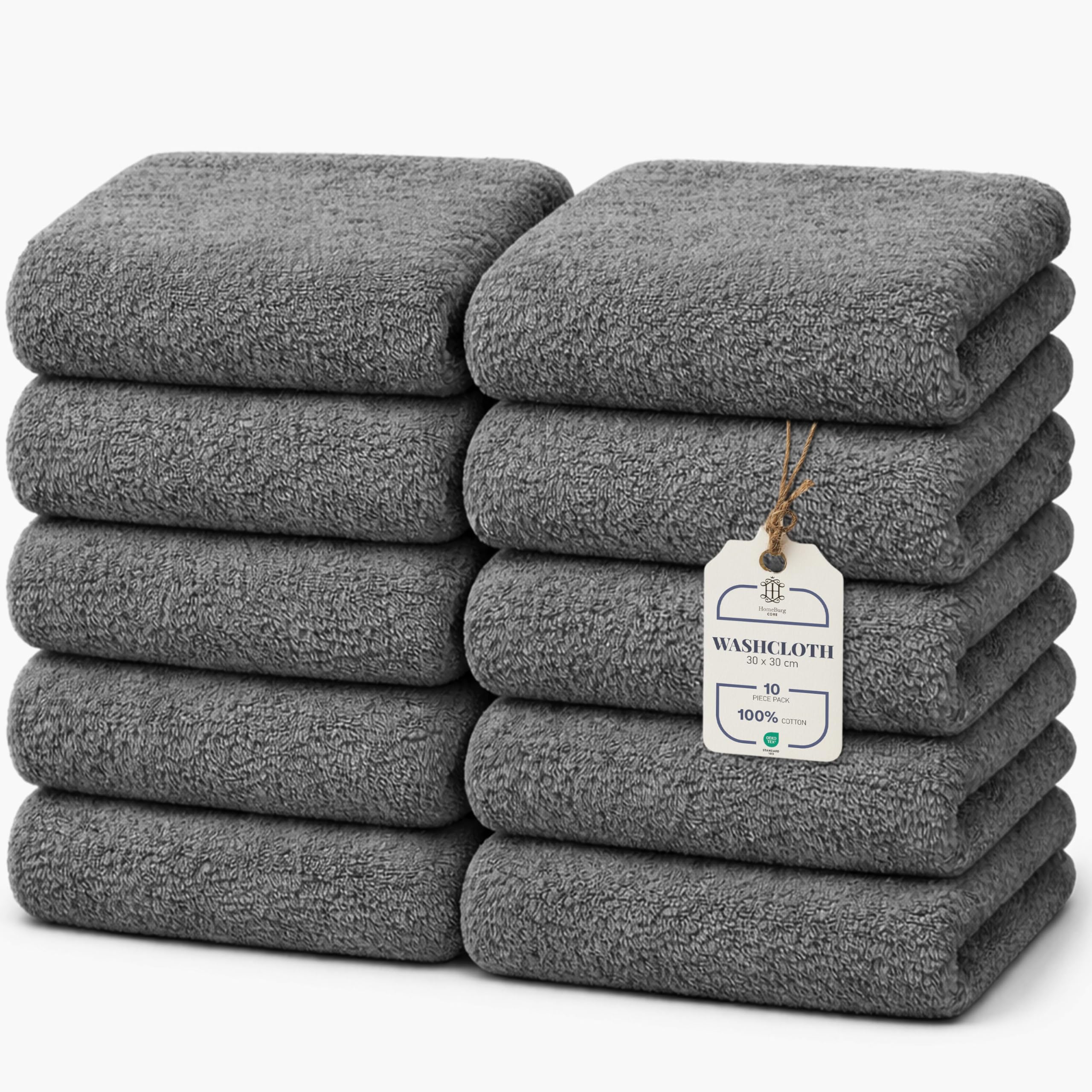 HomeBurg 10-Piece Cotton Wash Cloth for Bathroom and Kitchen โ Soft, Absorbent, Durable, with Decorative Border, Easy Care, 30ร30 cm, Anthracite Grey
