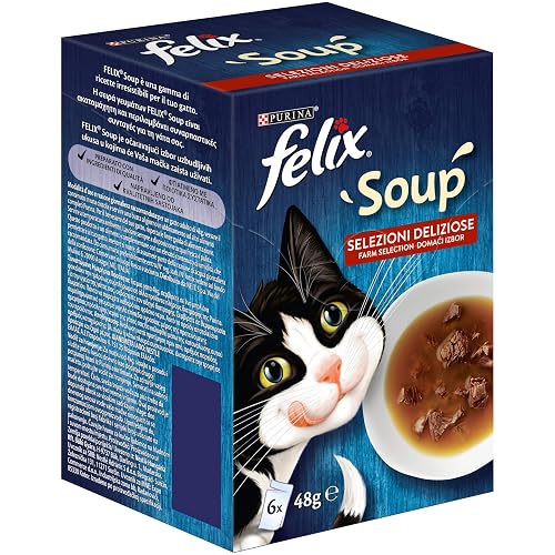 FELIX Soup - Comida húmeda para gatos adultos, deliciosas selecciones con ternera, pollo y cordero 6 sobres…