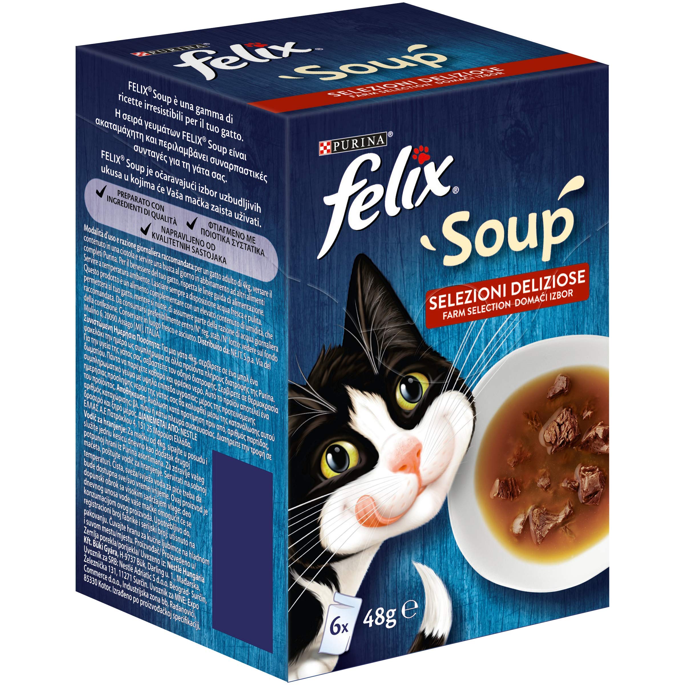 FELIX Soup karma dla dorosłych kotów na mokro pyszne wybory z wołowiną, kurczakiem i jagnięciną, 6 torebek po 48 g