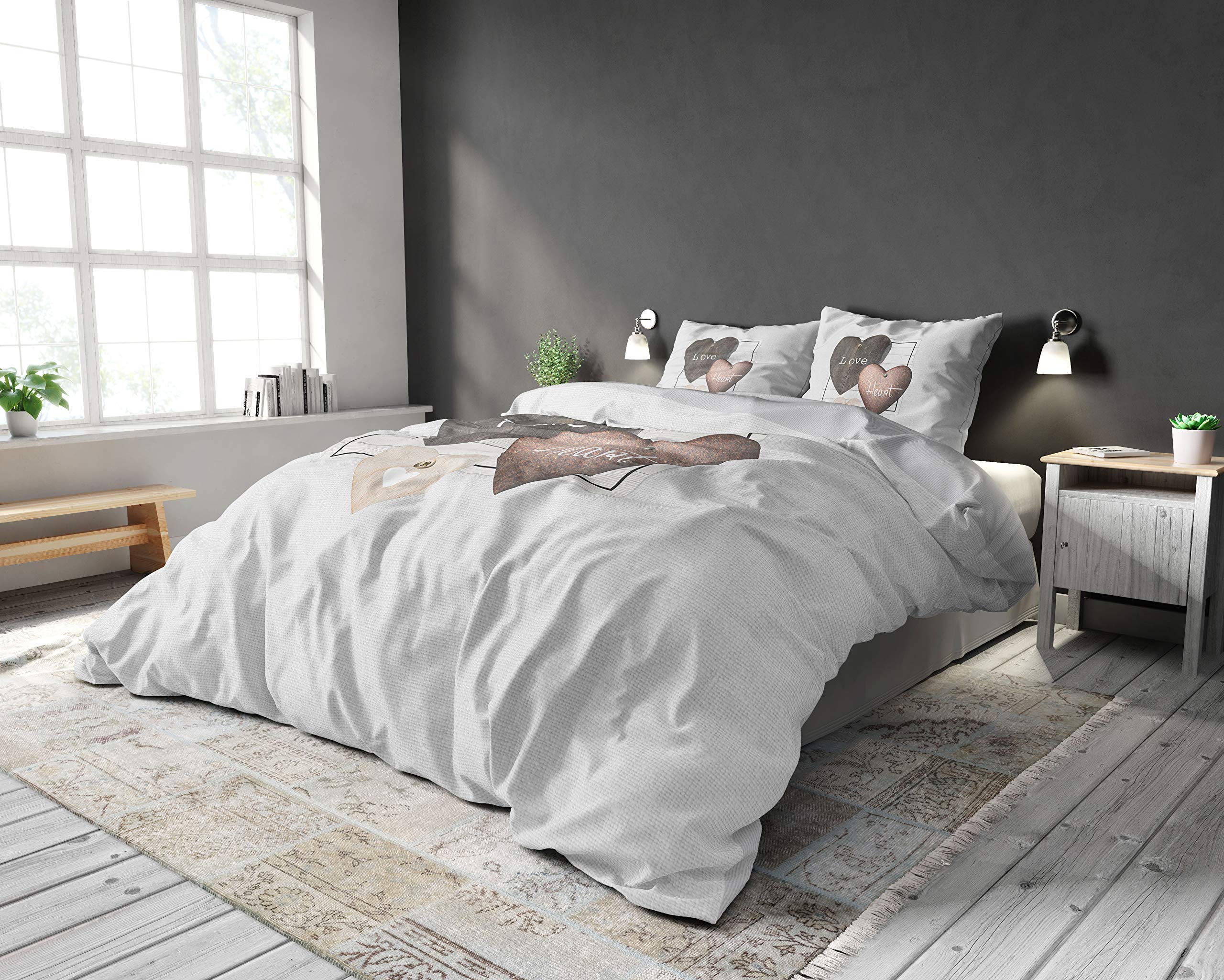 Bettwäsche 100% Baumwolle Liebesherzen, 240 x 220cm, + 60 x 70cm, Grau