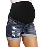 V VOCNI Maternity Denim Shorts Women's Summer High Waist Distressed Cuffed Hem Casual Denim Jeans Short