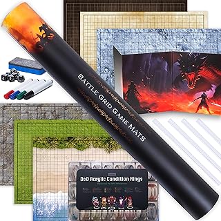 TIDYBOSS 24" x 36" DND Starter Set | DND Accessories | 3 x Double Sides 6 Terrains Game Grid Mat with Condition Rings, DM Screen, Markers, Eraser, Dice and Clips