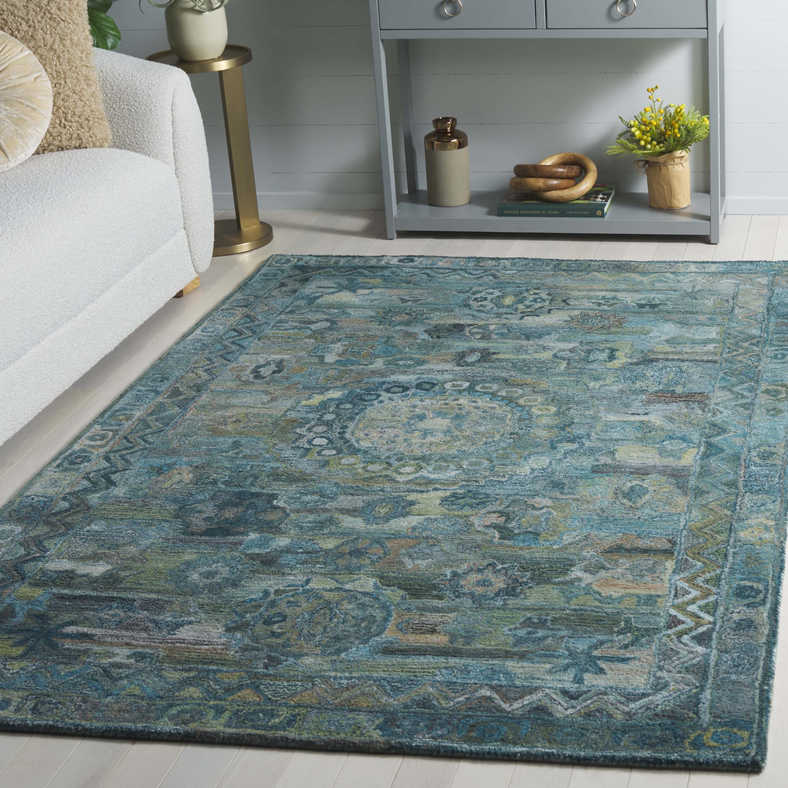 SAFAVIEH Bohemian Rug for Living Room, Dining Room, Bedroom - Anatolia Collection, Medium Pile, in Aqua and Green, 152 X 244 cm